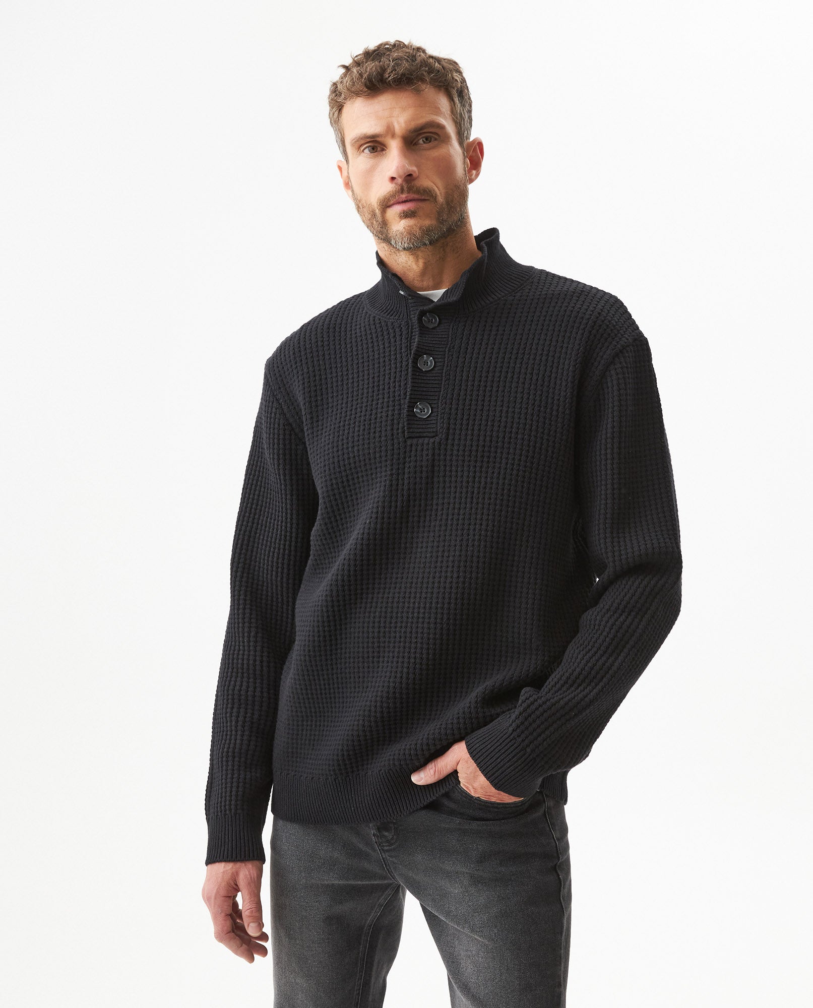 Men's Waffle Knit High Collar Half-Zip Sweater, Dockside 699G051 - 1