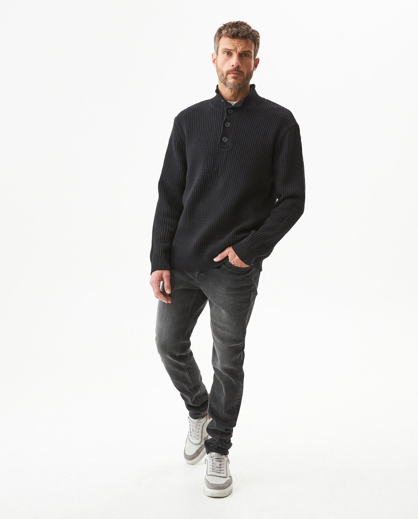 Men's Waffle Knit High Collar Half-Zip Sweater, Dockside 699G051 - 3