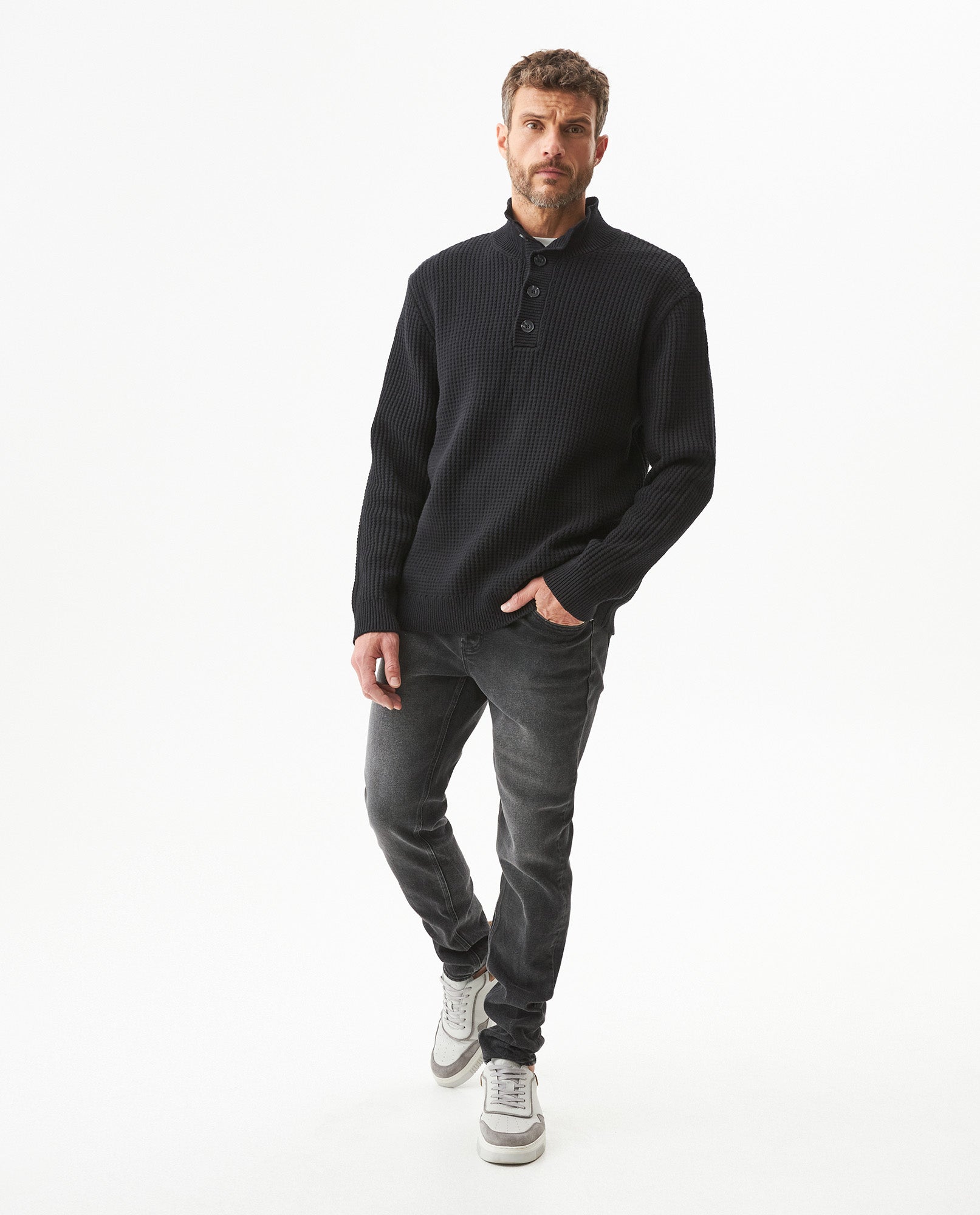 Men's Waffle Knit High Collar Half-Zip Sweater, Dockside 699G051 - 3