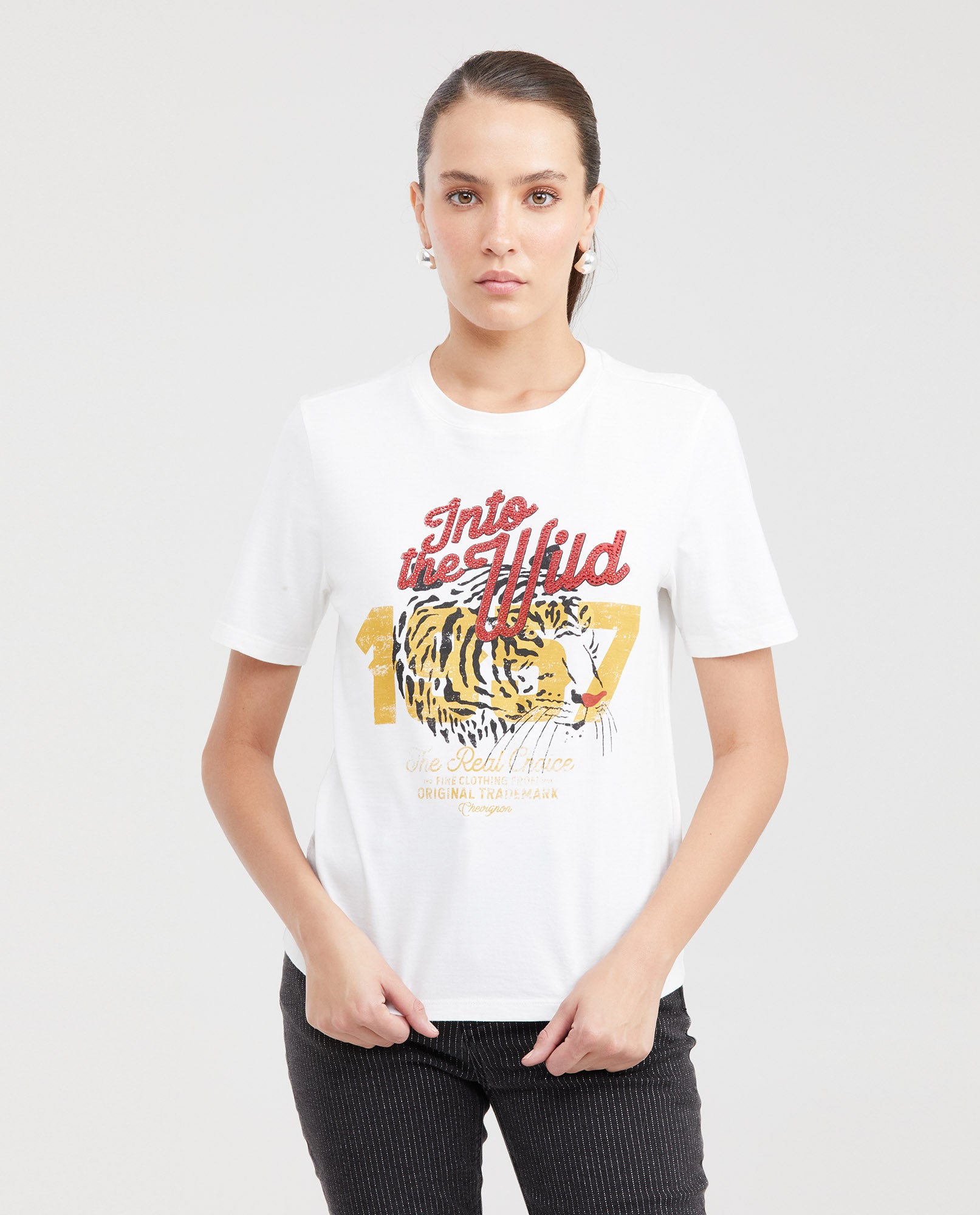 Women's Graphic Print T-Shirt Semi-Fitted in Cotton with Stone Embellishments - 1