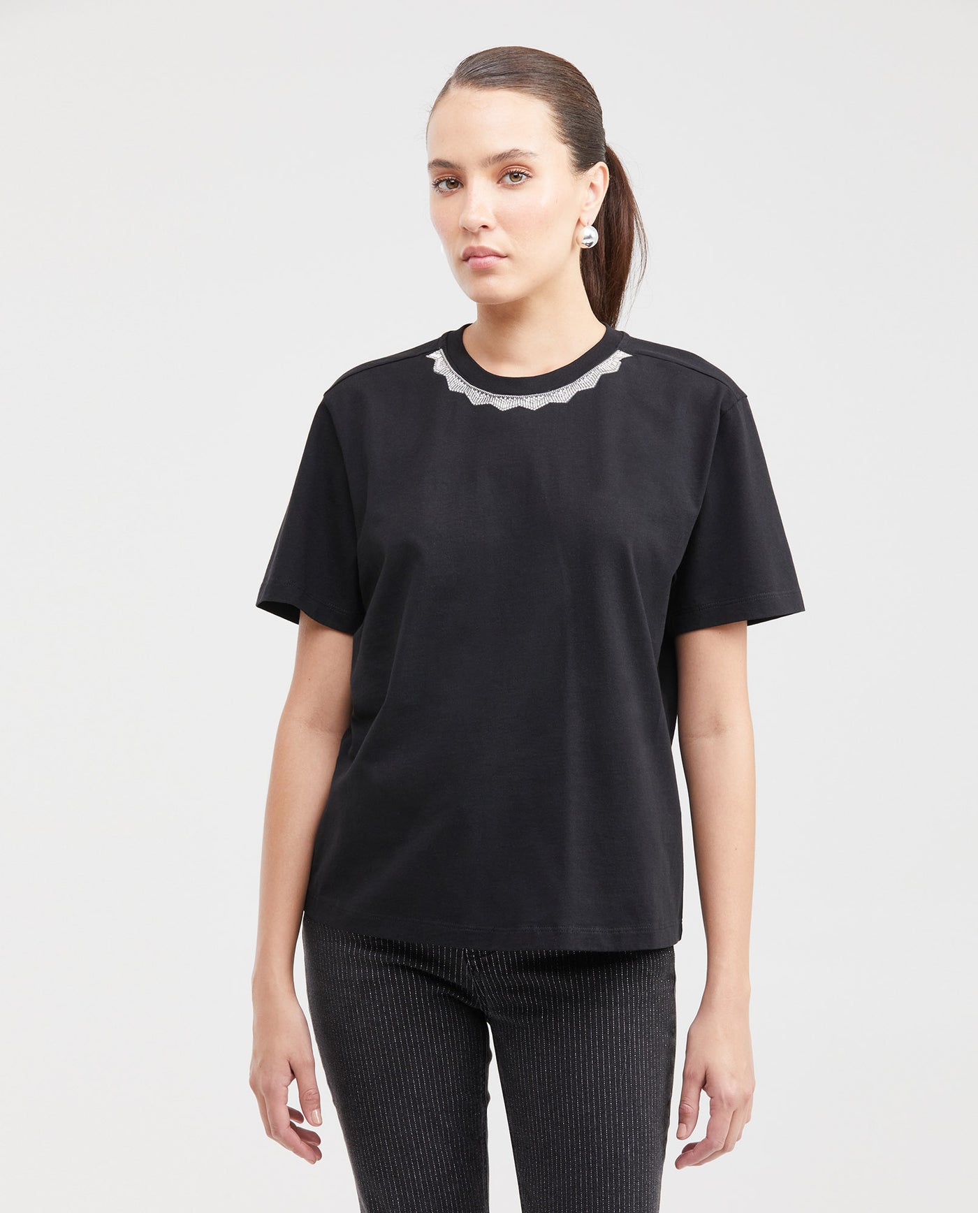 Women's Fashion T-shirt Oversized Ribbed Neck in Cotton - 1