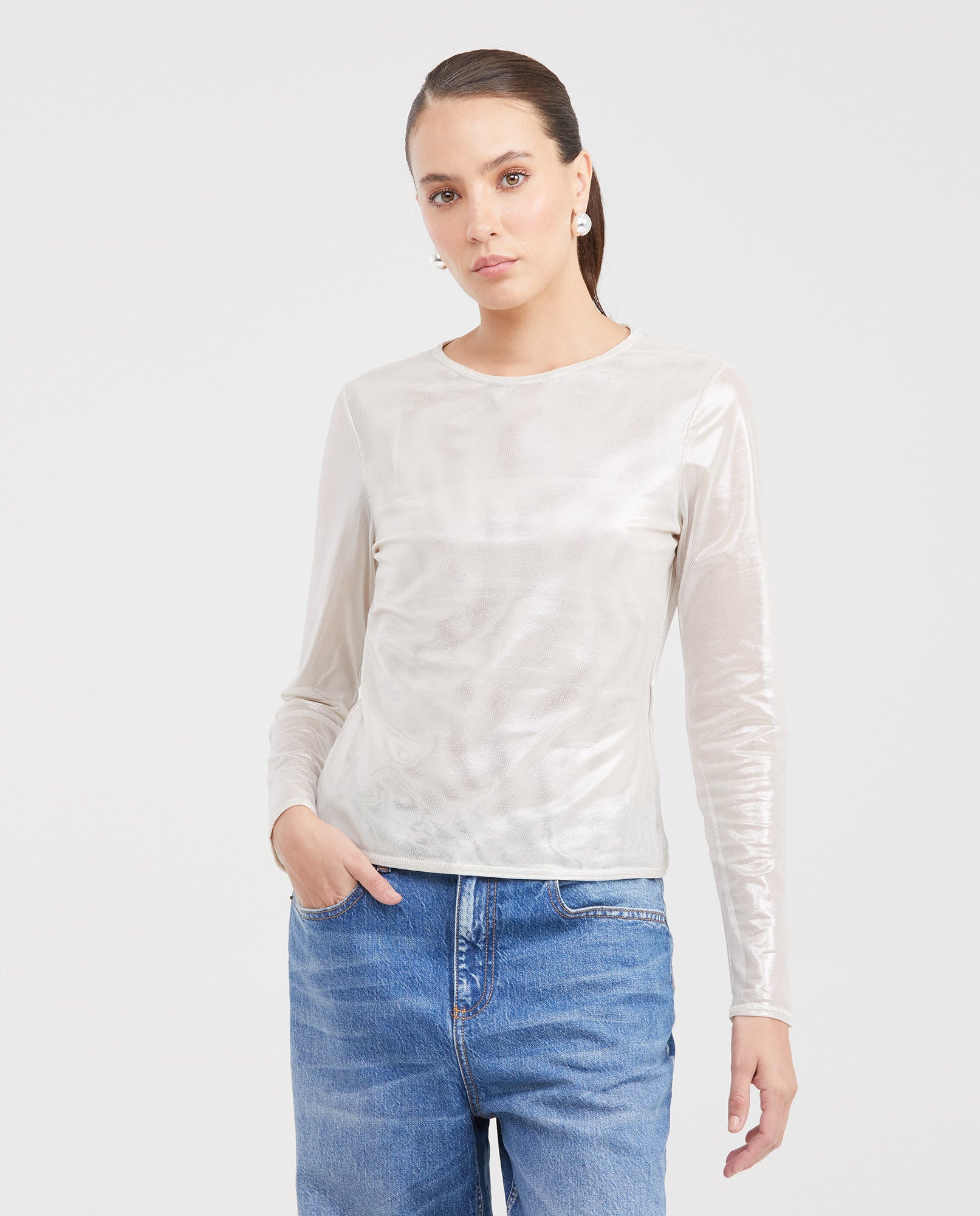 Women's Fitted Mesh Fashion Top with Long Sleeves and Glossy Finish in Polyester-Elastane - 1