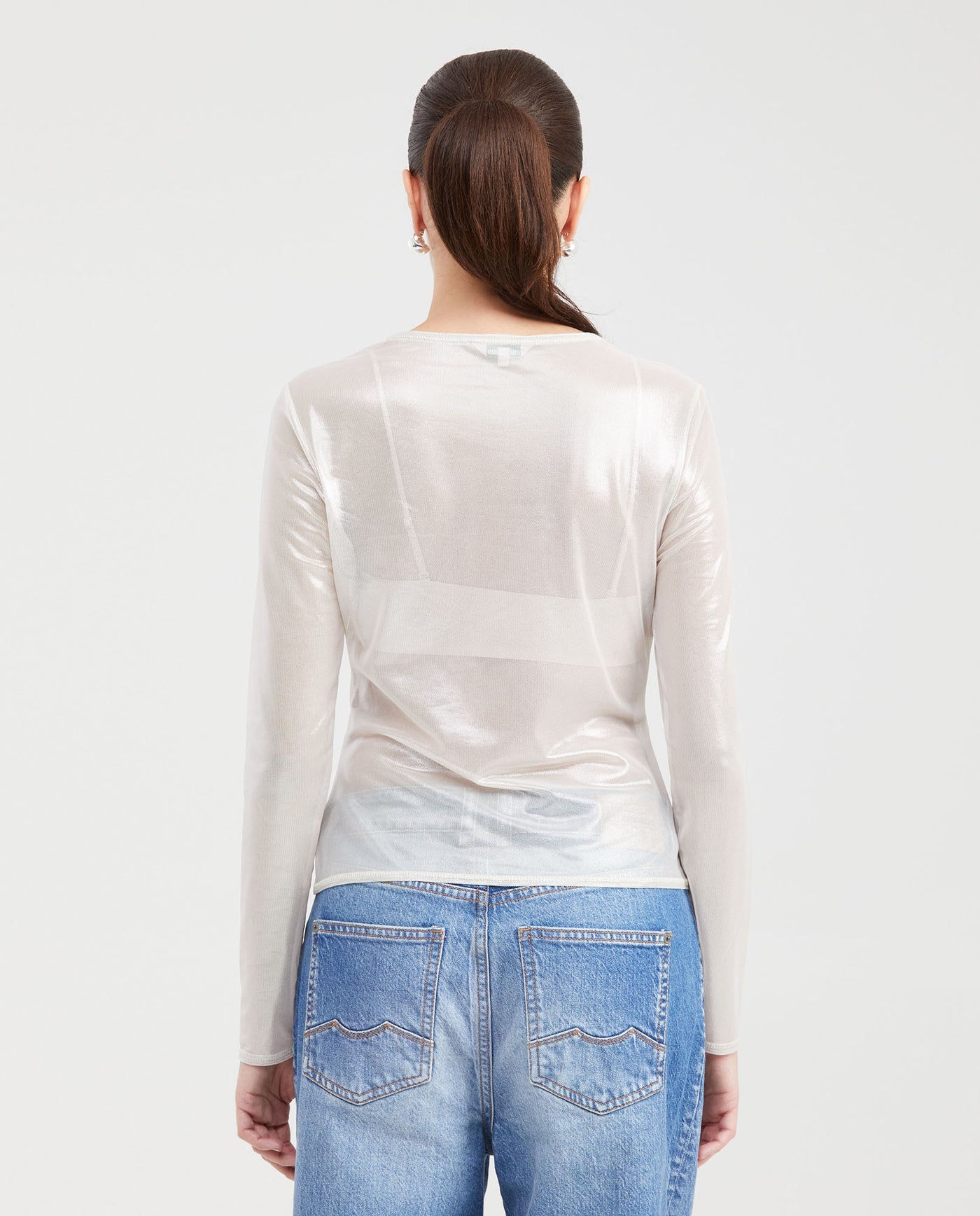 Women's Fitted Mesh Fashion Top with Long Sleeves and Glossy Finish in Polyester-Elastane - 4
