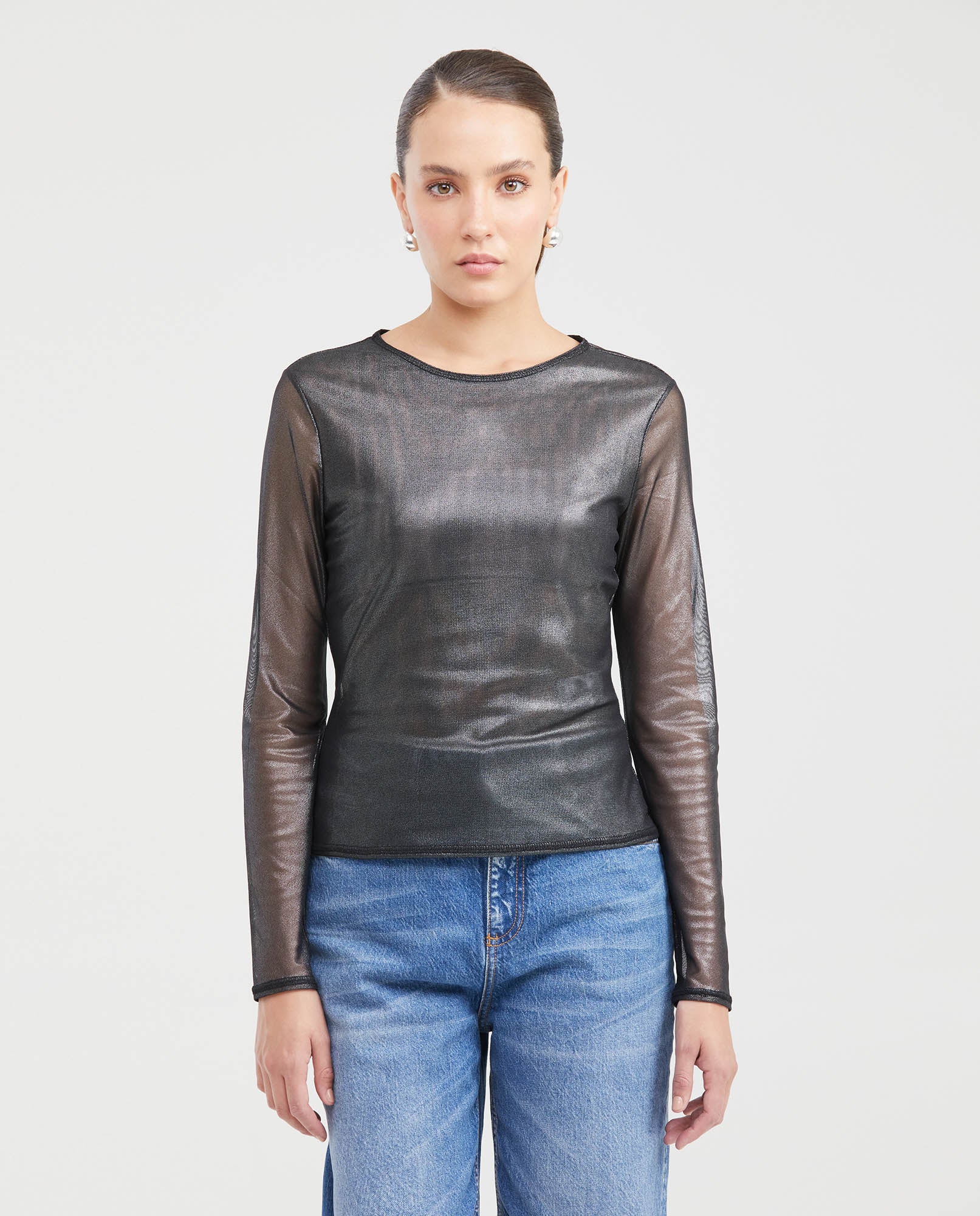 Women's Fitted Mesh Fashion Top with Long Sleeves and Glossy Finish in Polyester-Elastane - 1