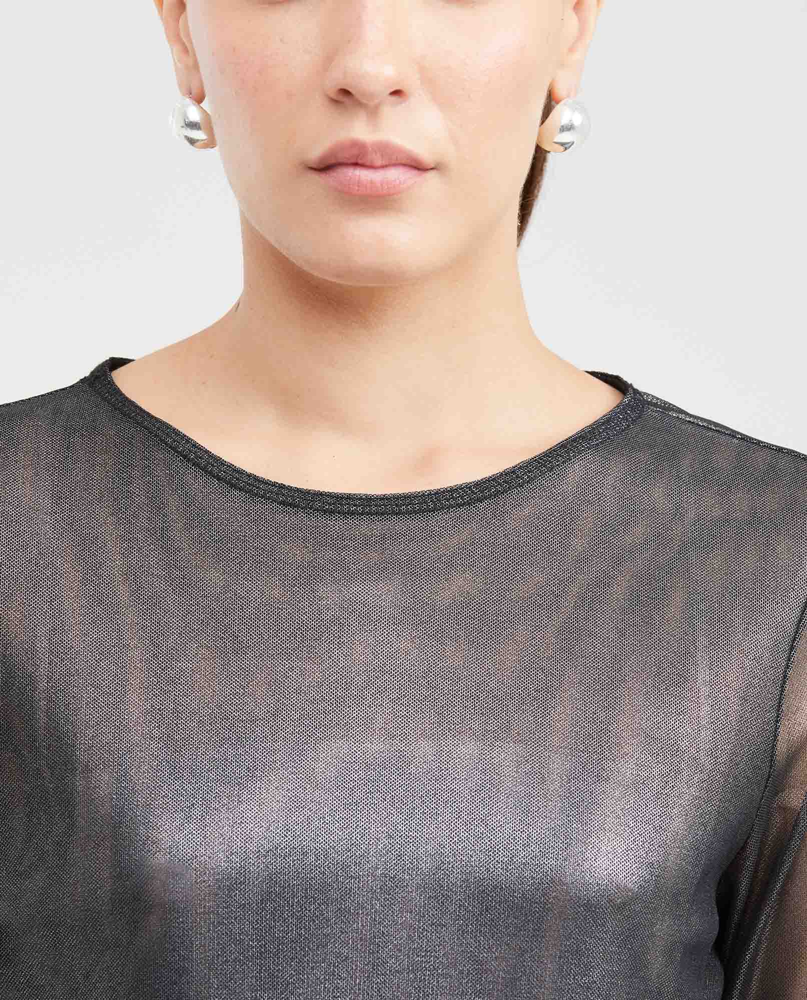 Women's Fitted Mesh Fashion Top with Long Sleeves and Glossy Finish in Polyester-Elastane - 2