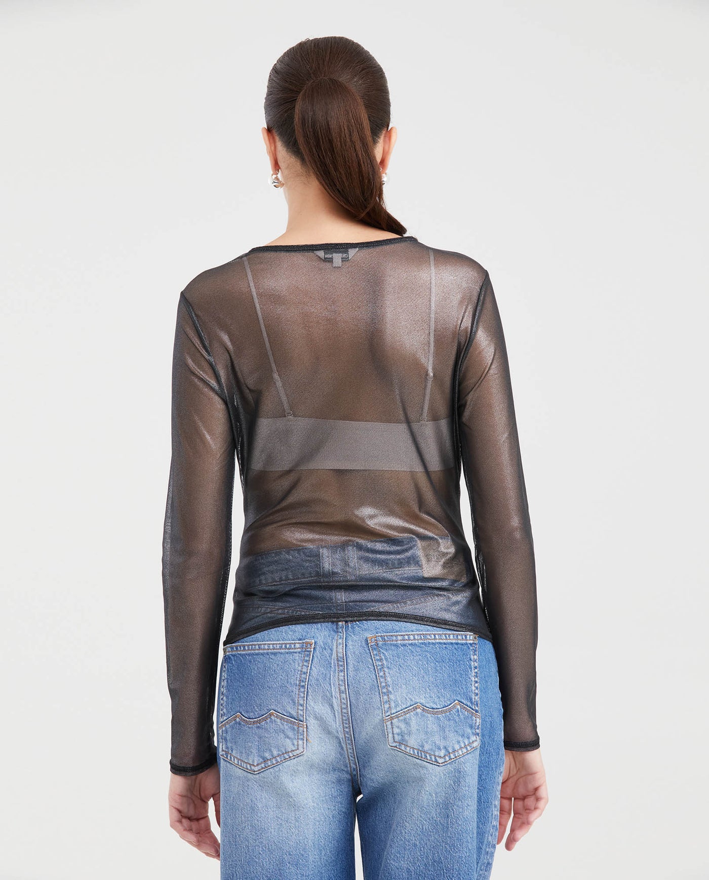 Women's Fitted Mesh Fashion Top with Long Sleeves and Glossy Finish in Polyester-Elastane - 4