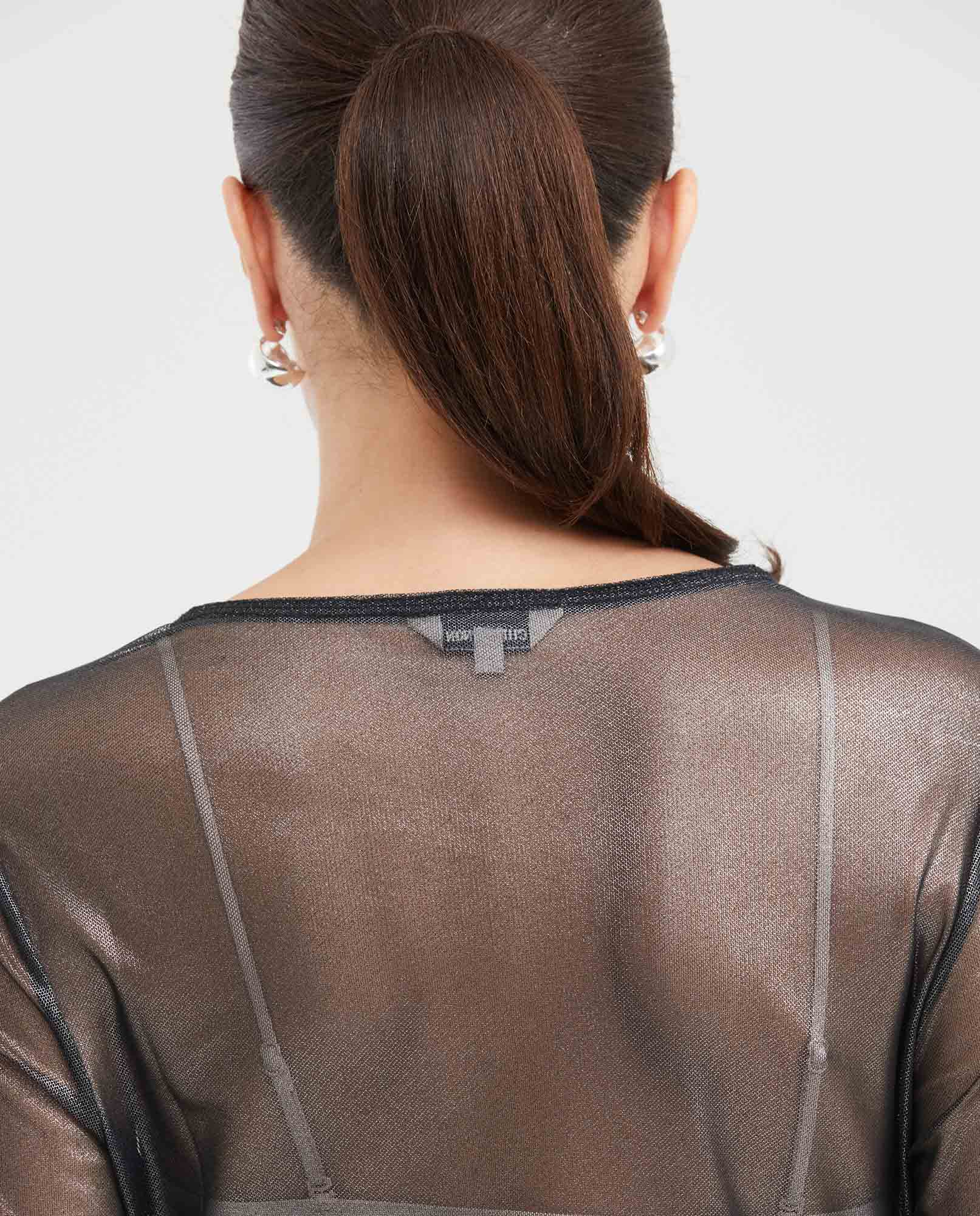 Women's Fitted Mesh Fashion Top with Long Sleeves and Glossy Finish in Polyester-Elastane - 5