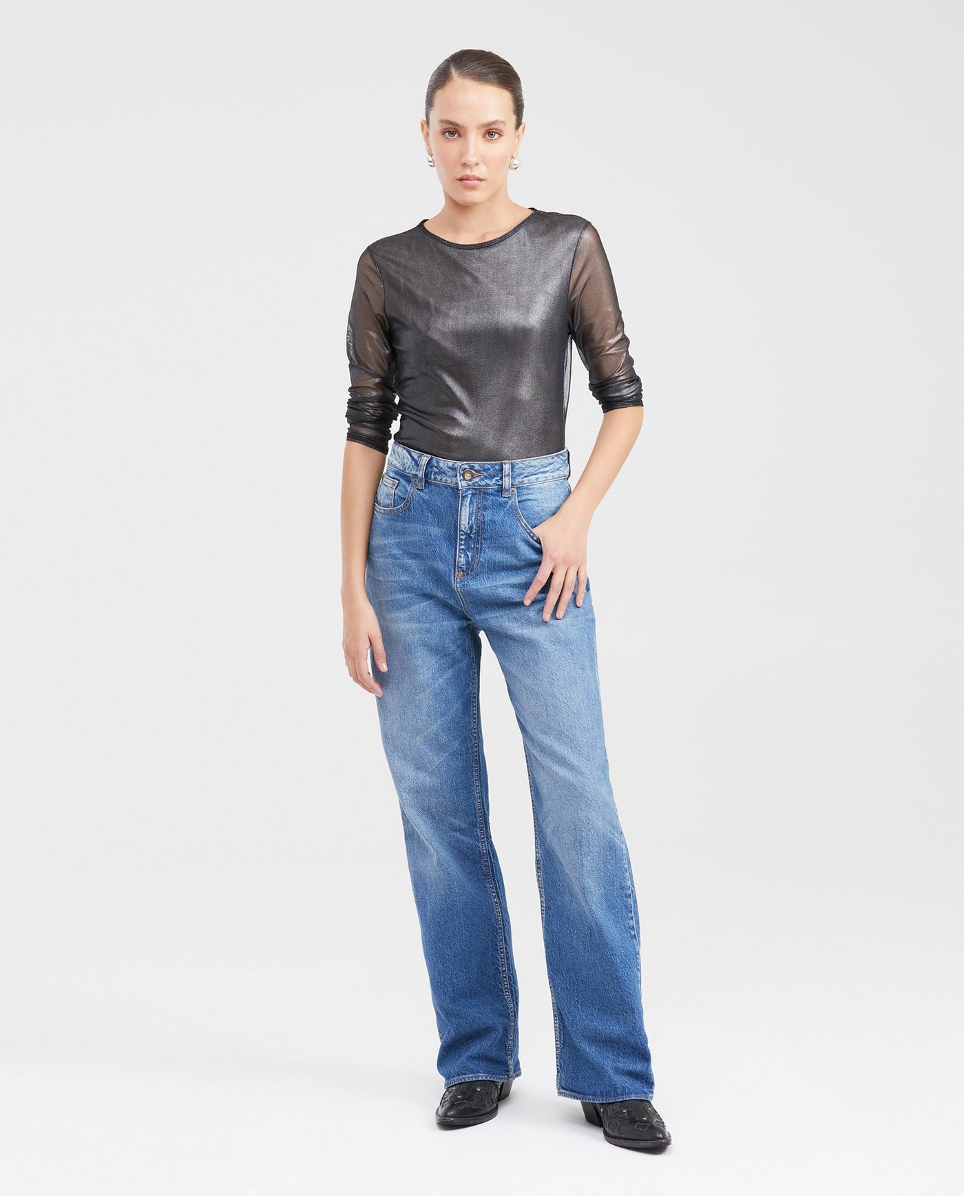 Women's Fitted Mesh Fashion Top with Long Sleeves and Glossy Finish in Polyester-Elastane - 6