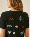 Womens T-Shirt Graphic Slim Fit Crewneck Cotton Soft Multiple Embroidered Patches Preppy - Black 63_701H002_NEG194004_7