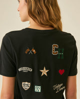 Womens T-Shirt Graphic Slim Fit Crewneck Cotton Soft Multiple Embroidered Patches Preppy - Black 63_701H002_NEG194004_7