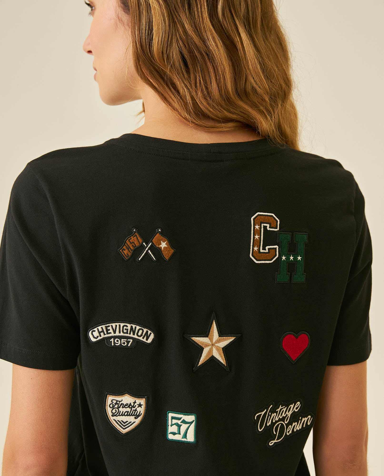 Womens T-Shirt Graphic Slim Fit Crewneck Cotton Soft Multiple Embroidered Patches Preppy - Black 63_701H002_NEG194004_7
