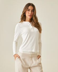 Womens T-Shirt Fashion Fitted Mandarin Collar Half Placket Viscose–Elastane Ribbed Texture - Raw 63_701H003_CRU110606_0