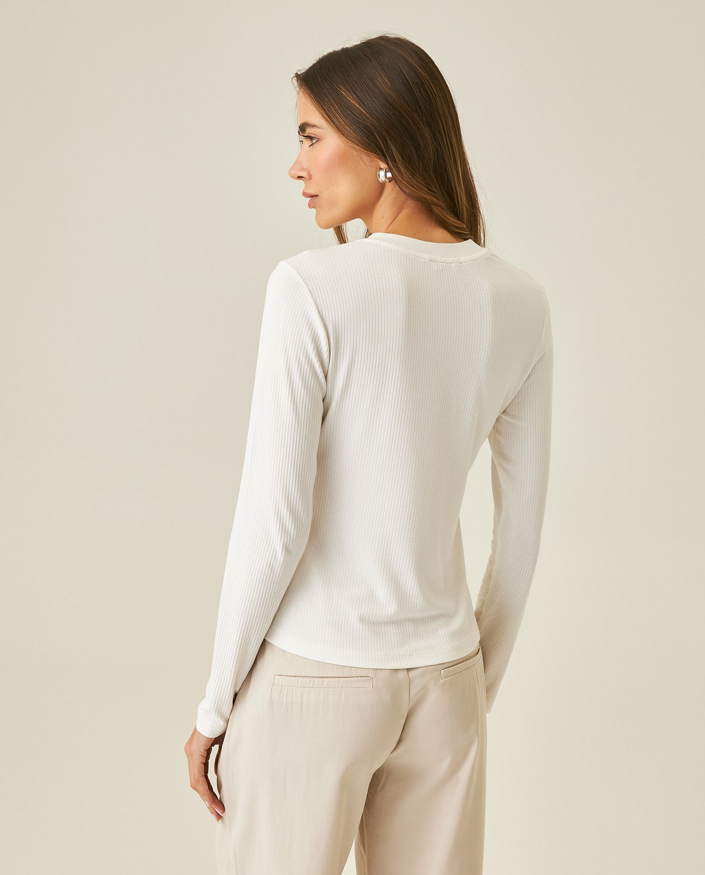 Womens T-Shirt Fashion Fitted Mandarin Collar Half Placket Viscose–Elastane Ribbed Texture - Raw 63_701H003_CRU110606_6