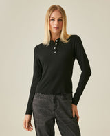 Womens T-Shirt Fashion Fitted Mandarin Collar Half Placket Viscose–Elastane Ribbed Texture - Black 63_701H003_NEG194004_0