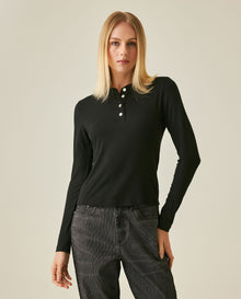 Womens T-Shirt Fashion Fitted Mandarin Collar Half Placket Viscose–Elastane Ribbed Texture - Black 63_701H003_NEG194004_0