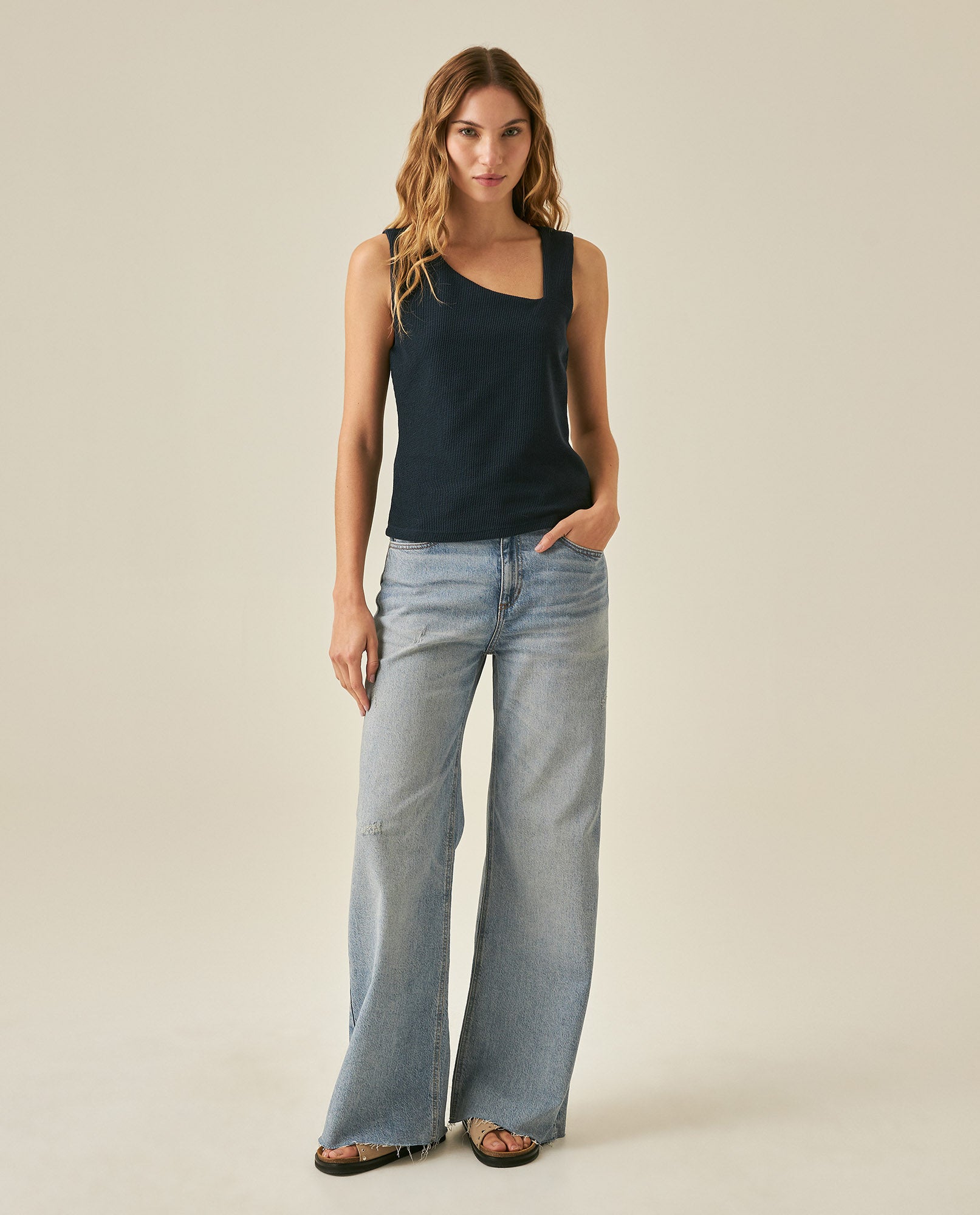 Womens T-Shirt Fitted Asymmetric Neckline Cotton Blend Lined - Blue 63_701H005_AZU193924_4