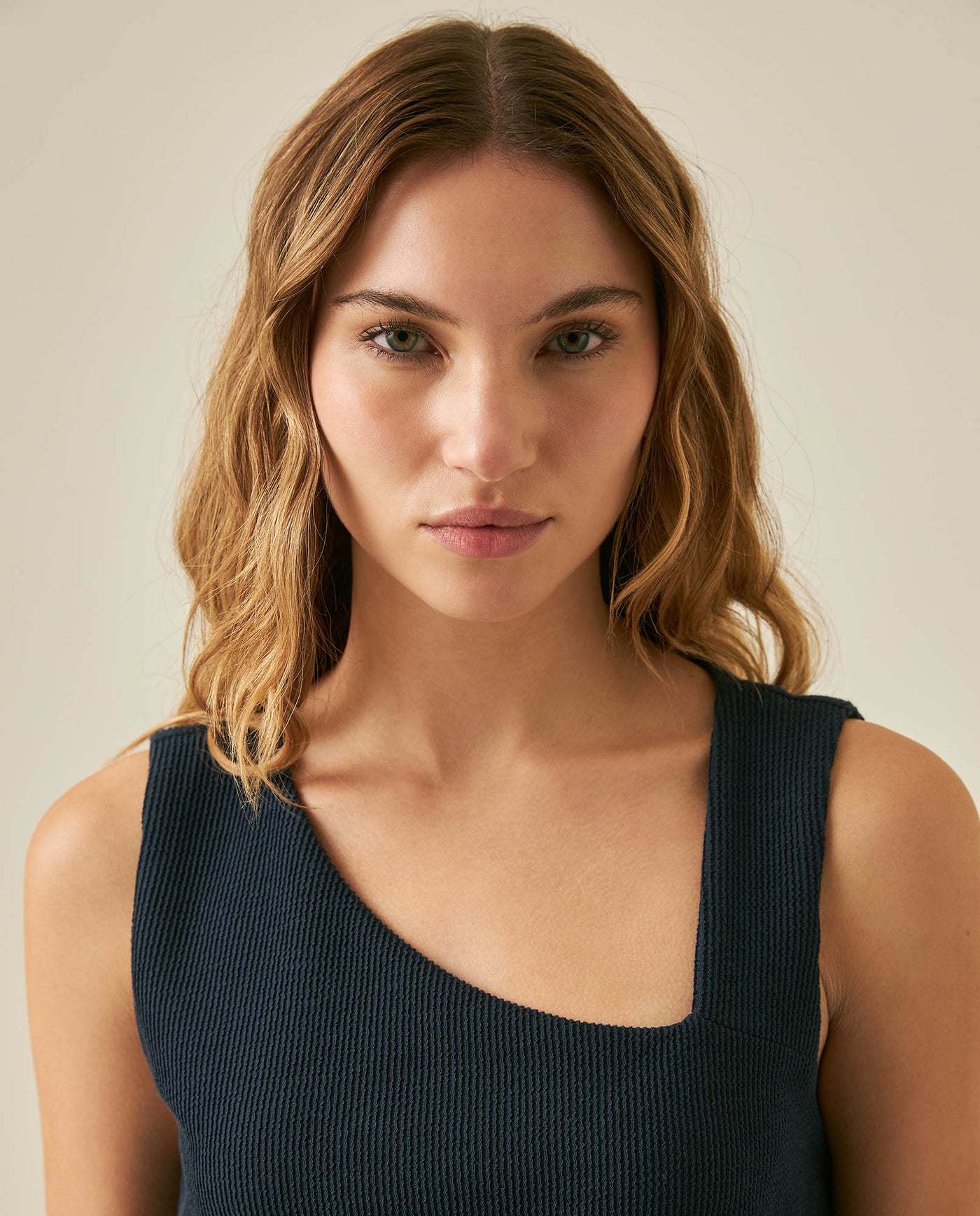 Womens T-Shirt Fitted Asymmetric Neckline Cotton Blend Lined - Blue 63_701H005_AZU193924_5