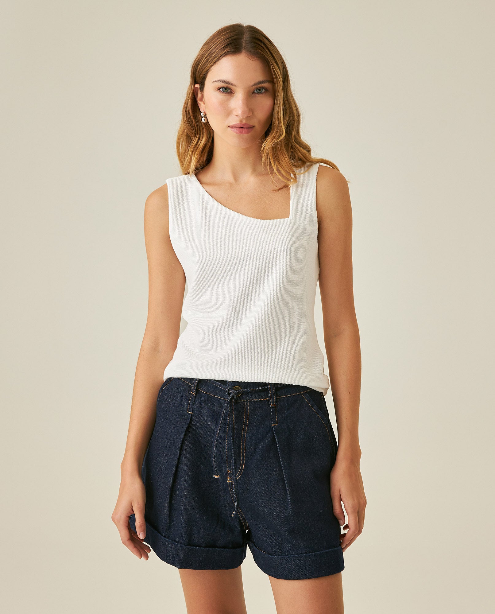 Womens T-Shirt Fitted Asymmetric Neckline Cotton Blend Lined - Raw 63_701H005_CRU110606_0