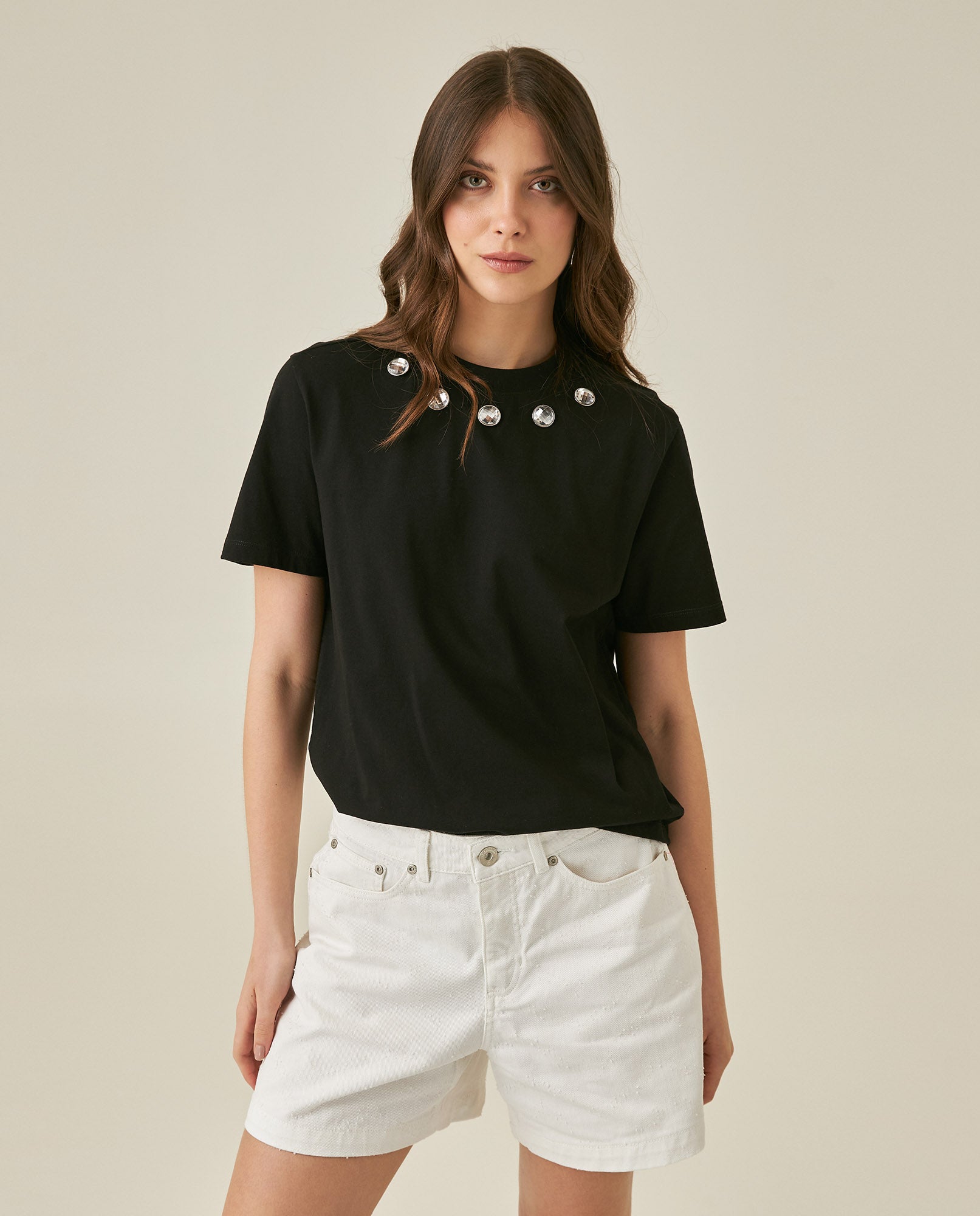 Womens T-Shirt Oversized Crewneck Cotton Mirror Studs Neckline - Black 63_701H008_NEG194004_0