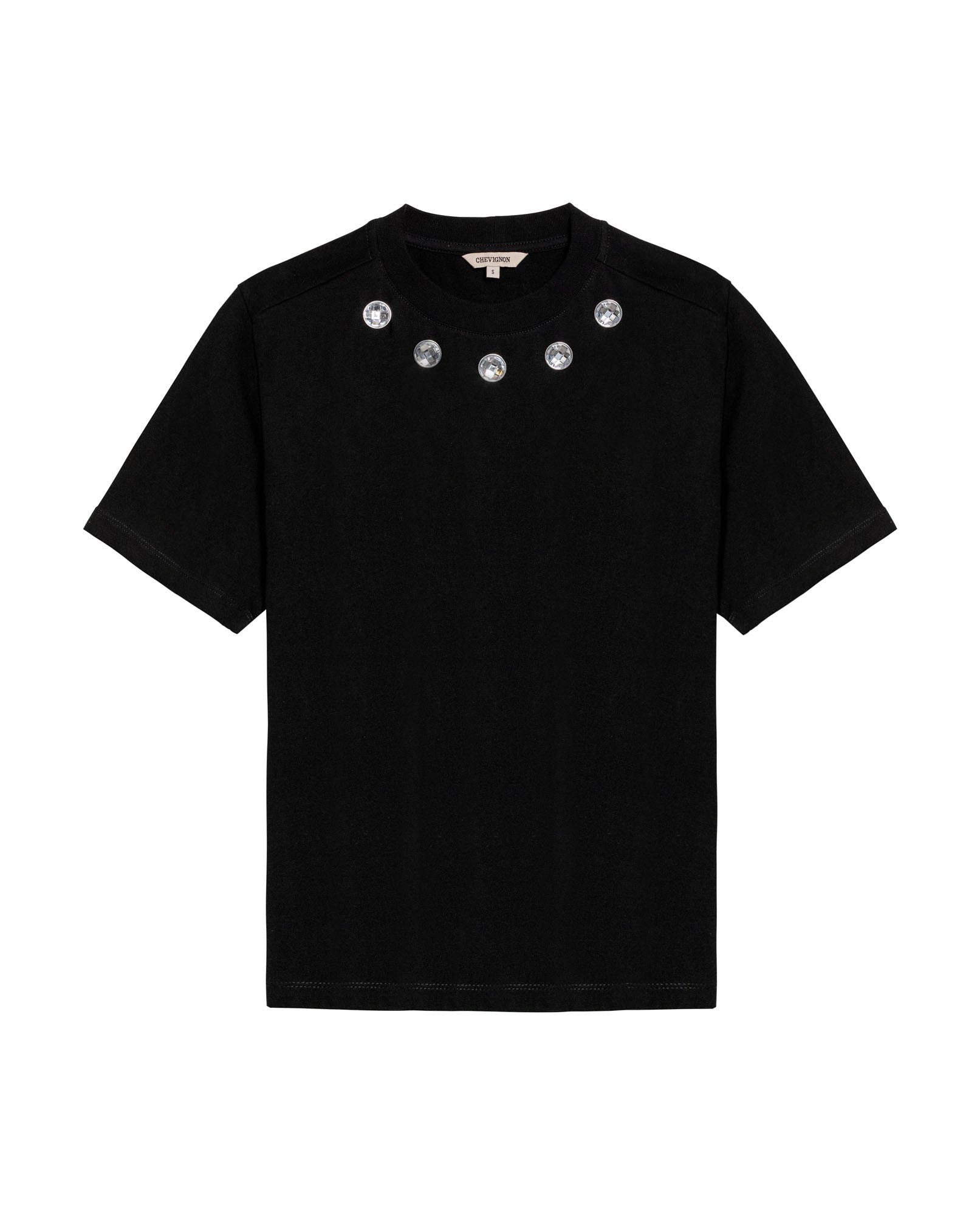 Womens T-Shirt Oversized Crewneck Cotton Mirror Studs Neckline - Black 63_701H008_NEG194004_3
