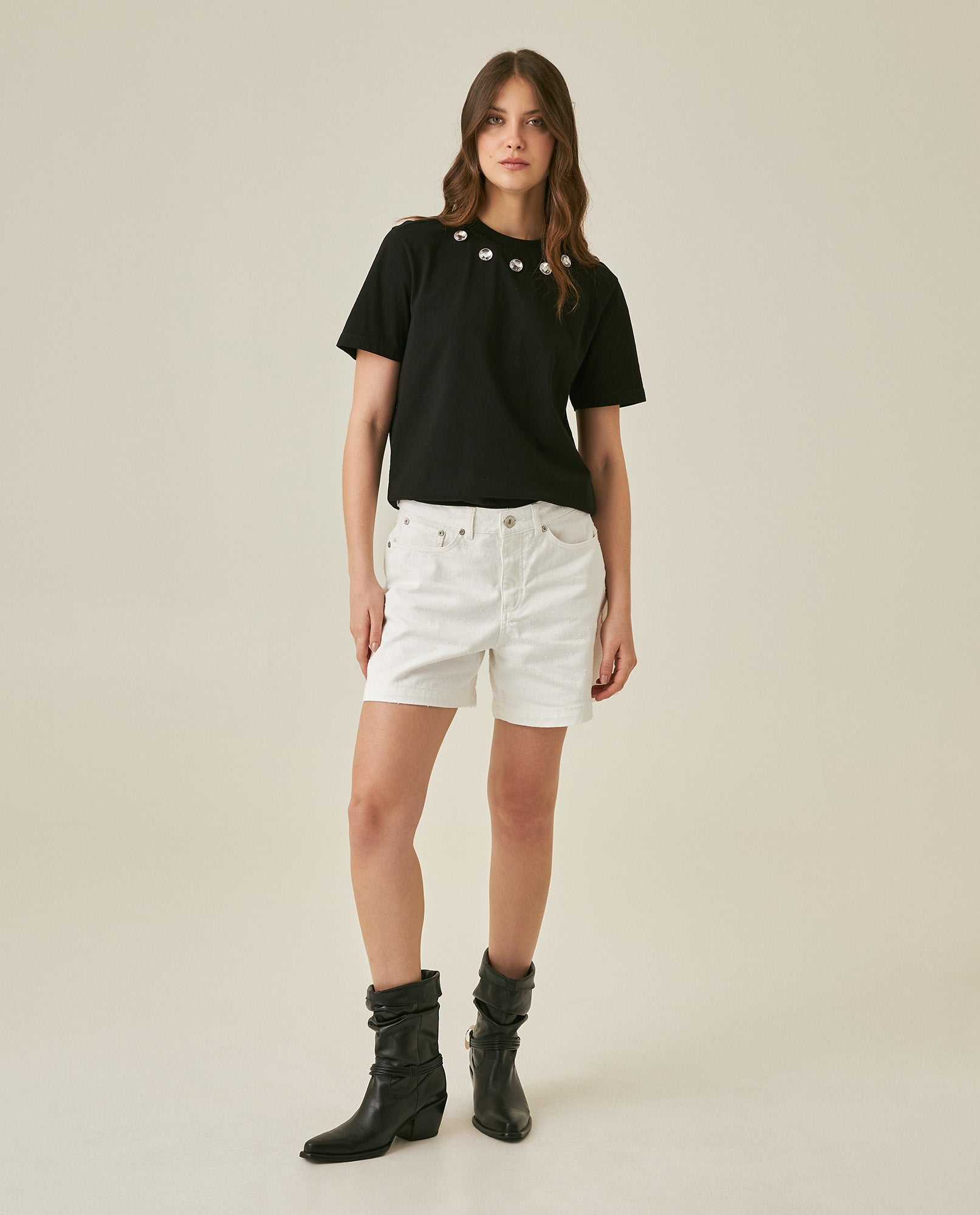 Womens T-Shirt Oversized Crewneck Cotton Mirror Studs Neckline - Black 63_701H008_NEG194004_4