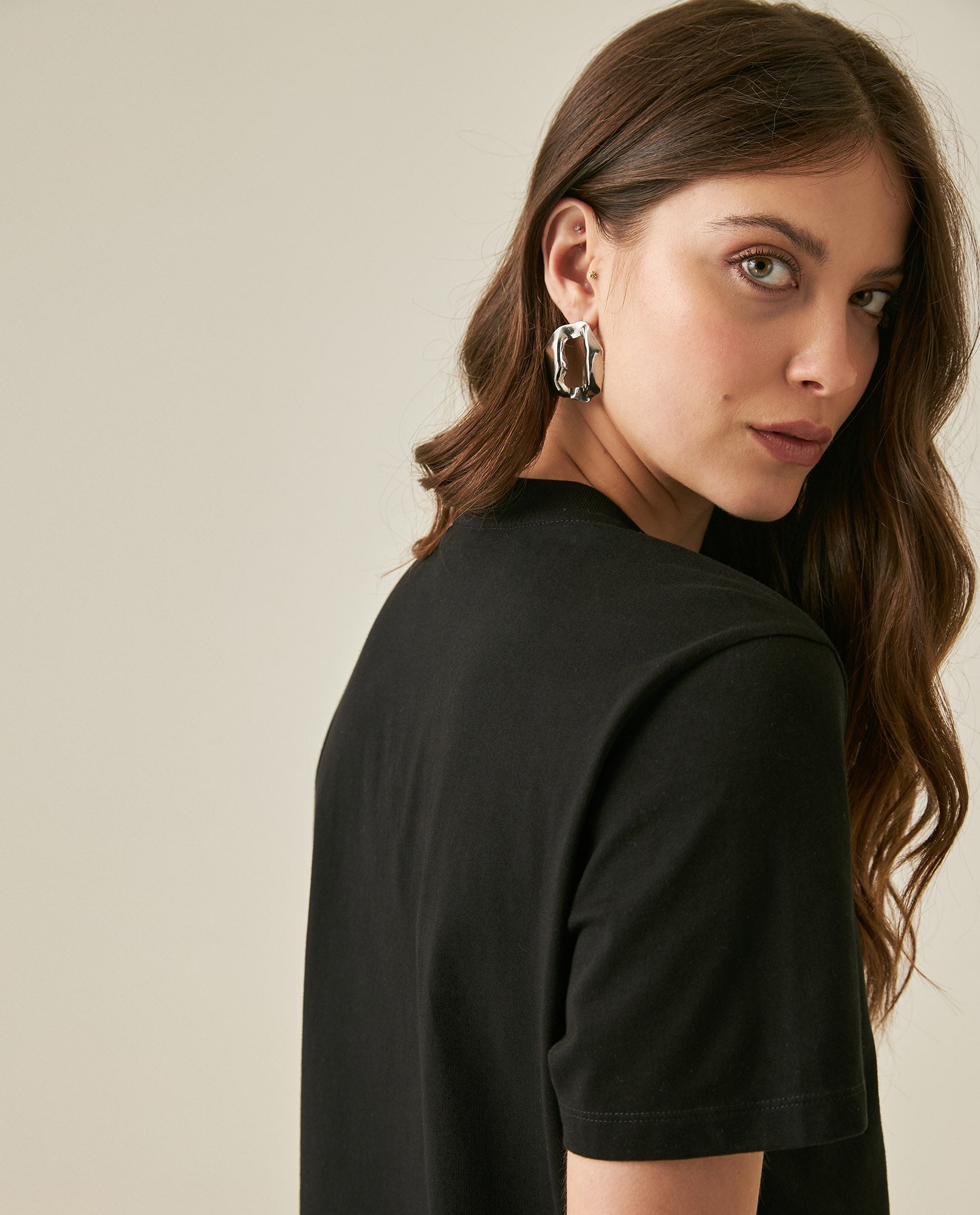 Womens T-Shirt Oversized Crewneck Cotton Mirror Studs Neckline - Black 63_701H008_NEG194004_7