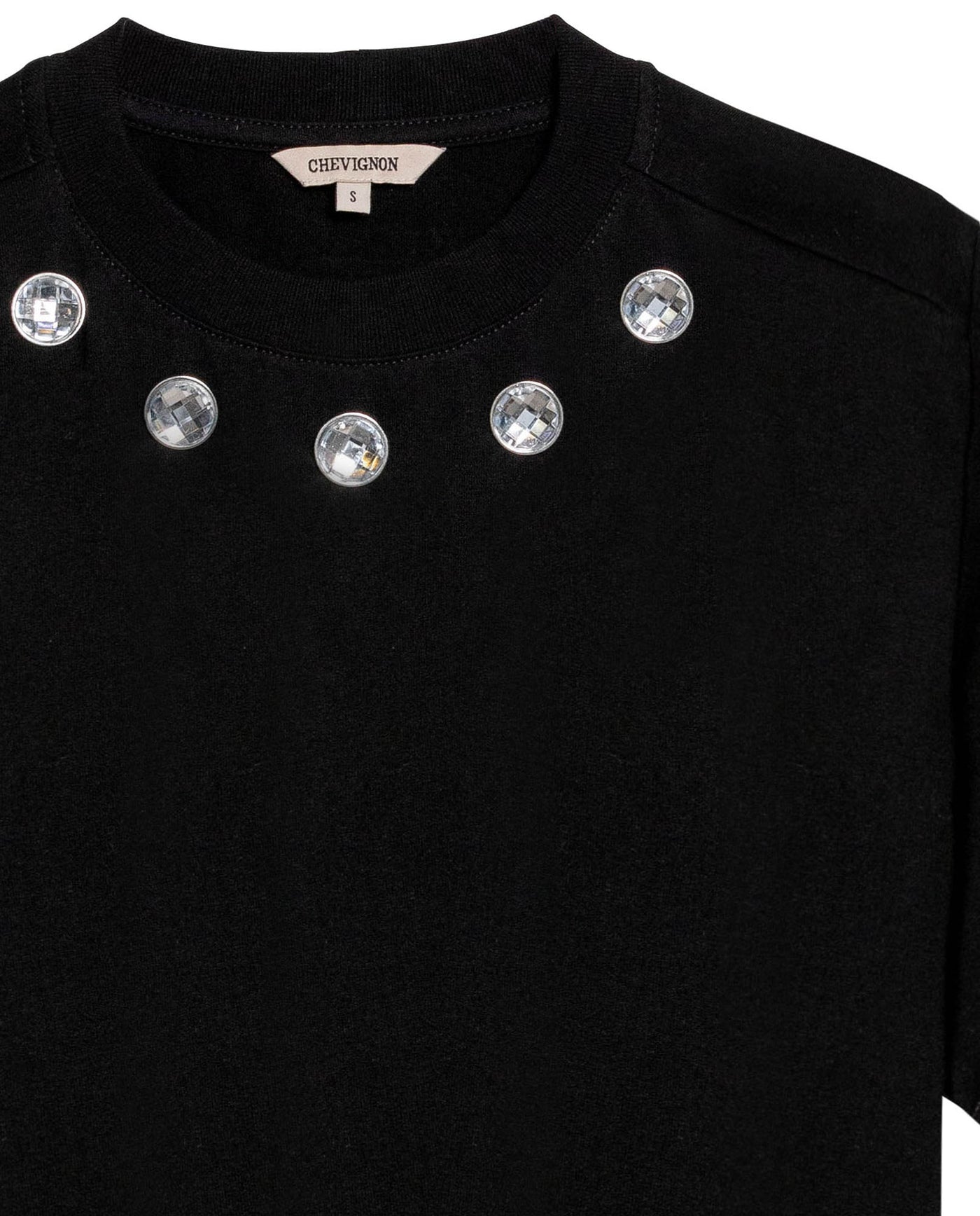 Womens T-Shirt Oversized Crewneck Cotton Mirror Studs Neckline - Black 63_701H008_NEG194004_8