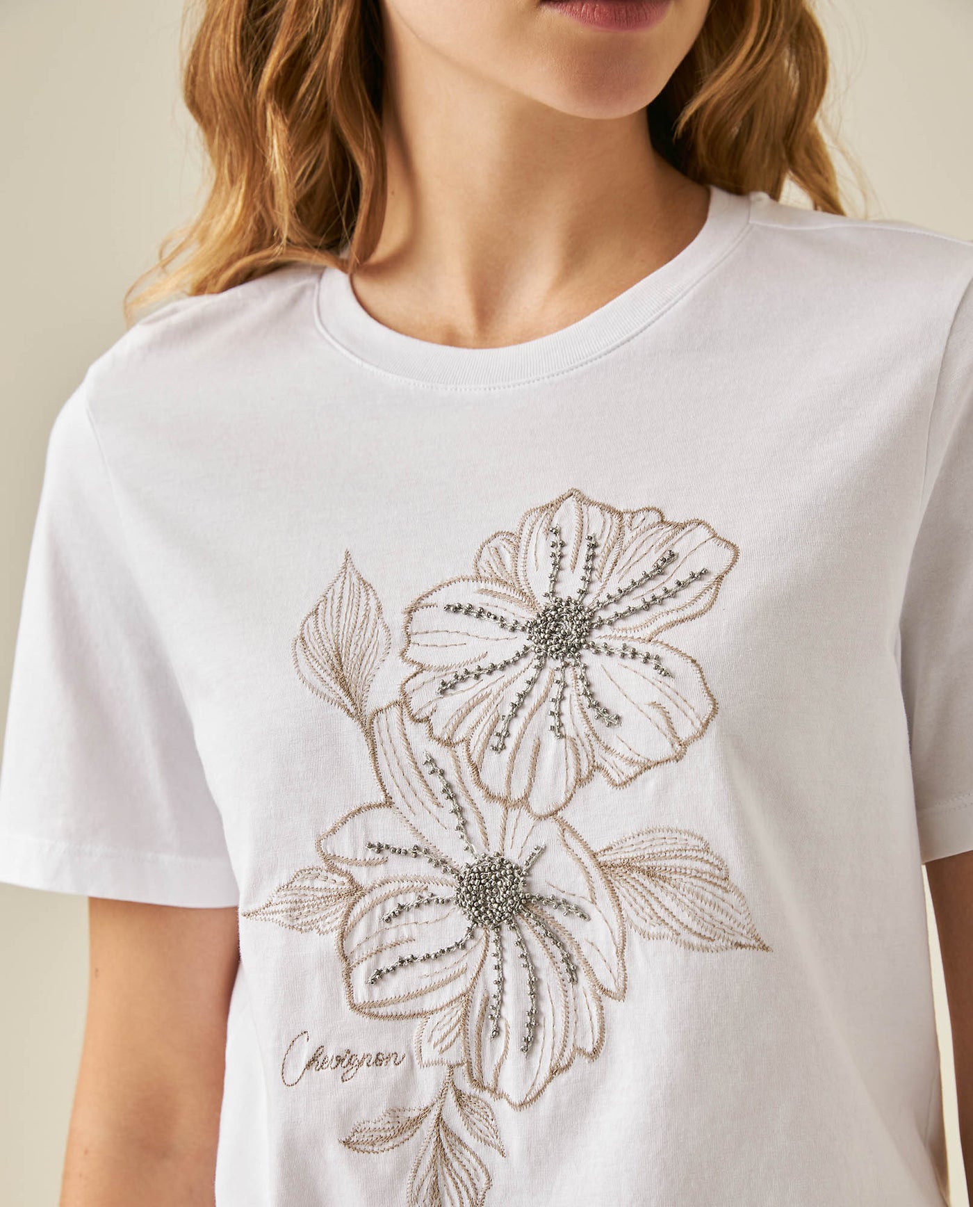 Womens T-Shirt Graphic Slim Fit Cotton Bead Bugle Embroidery - White 63_701H009_BLA110601_5