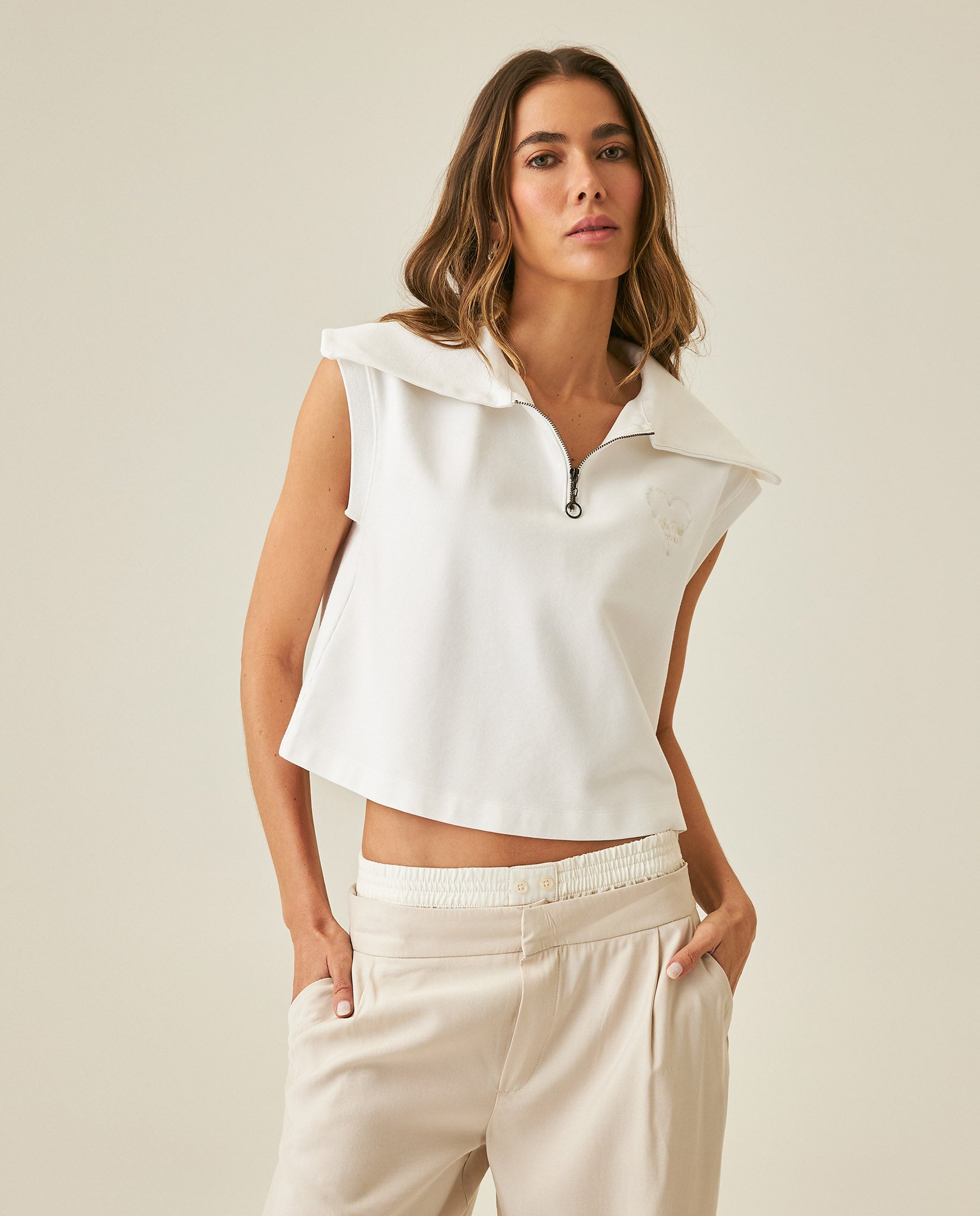 Womens T-Shirt Vest Style Half Zip Rayon Blend Embroidered Knit - Raw 63_701H011_CRU110606_0