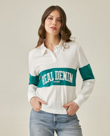 Womens T-Shirt Straight Silhouette Half Placket Cotton Color Block Embroidered - Raw 63_701H013_CRU110606_0