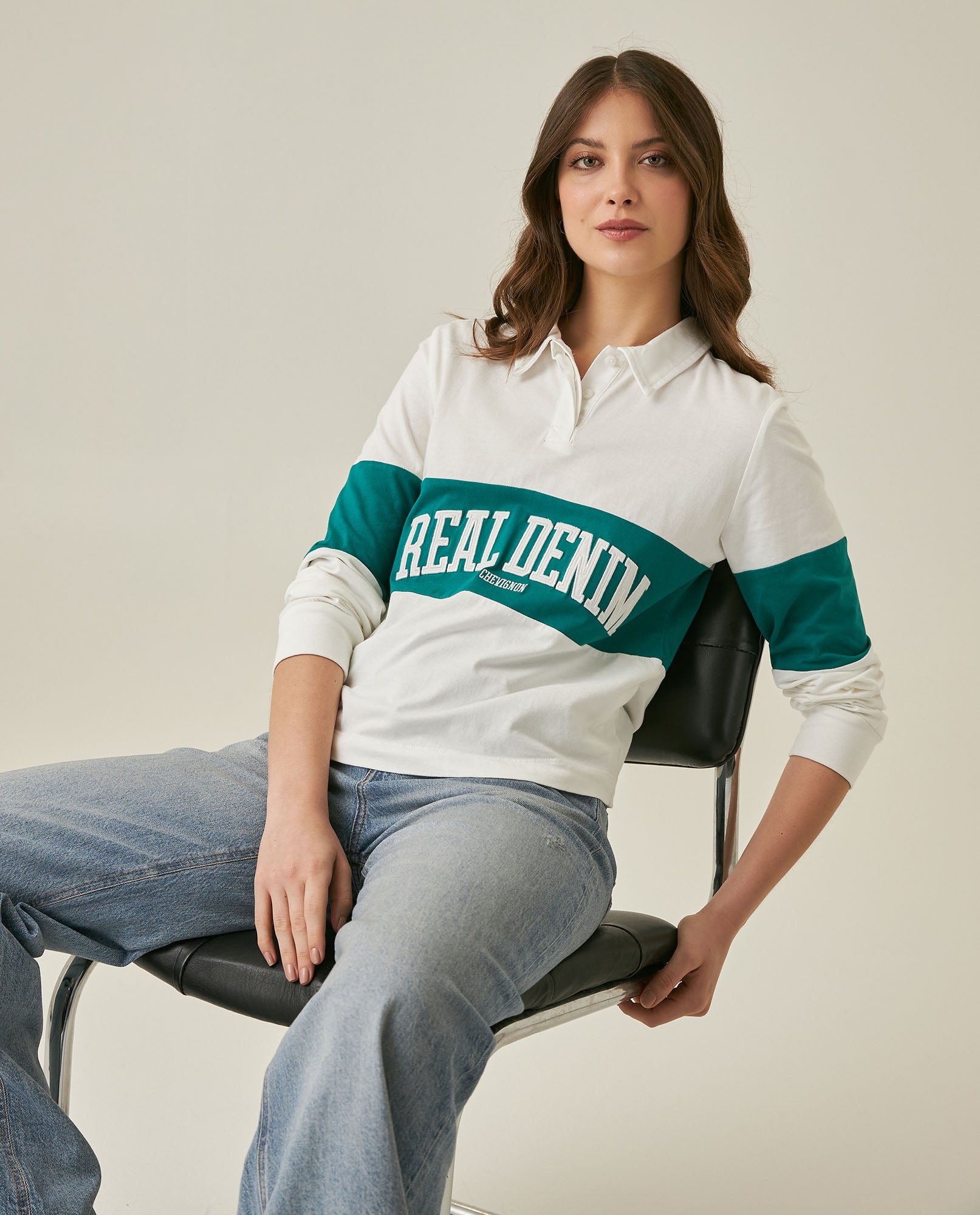 Womens T-Shirt Straight Silhouette Half Placket Cotton Color Block Embroidered - Raw 63_701H013_CRU110606_4