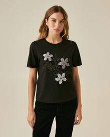 Womens T-Shirt Graphic Slim Fit Cotton Velveteen Flower Print - Black 63_701H014_NEG194004_0