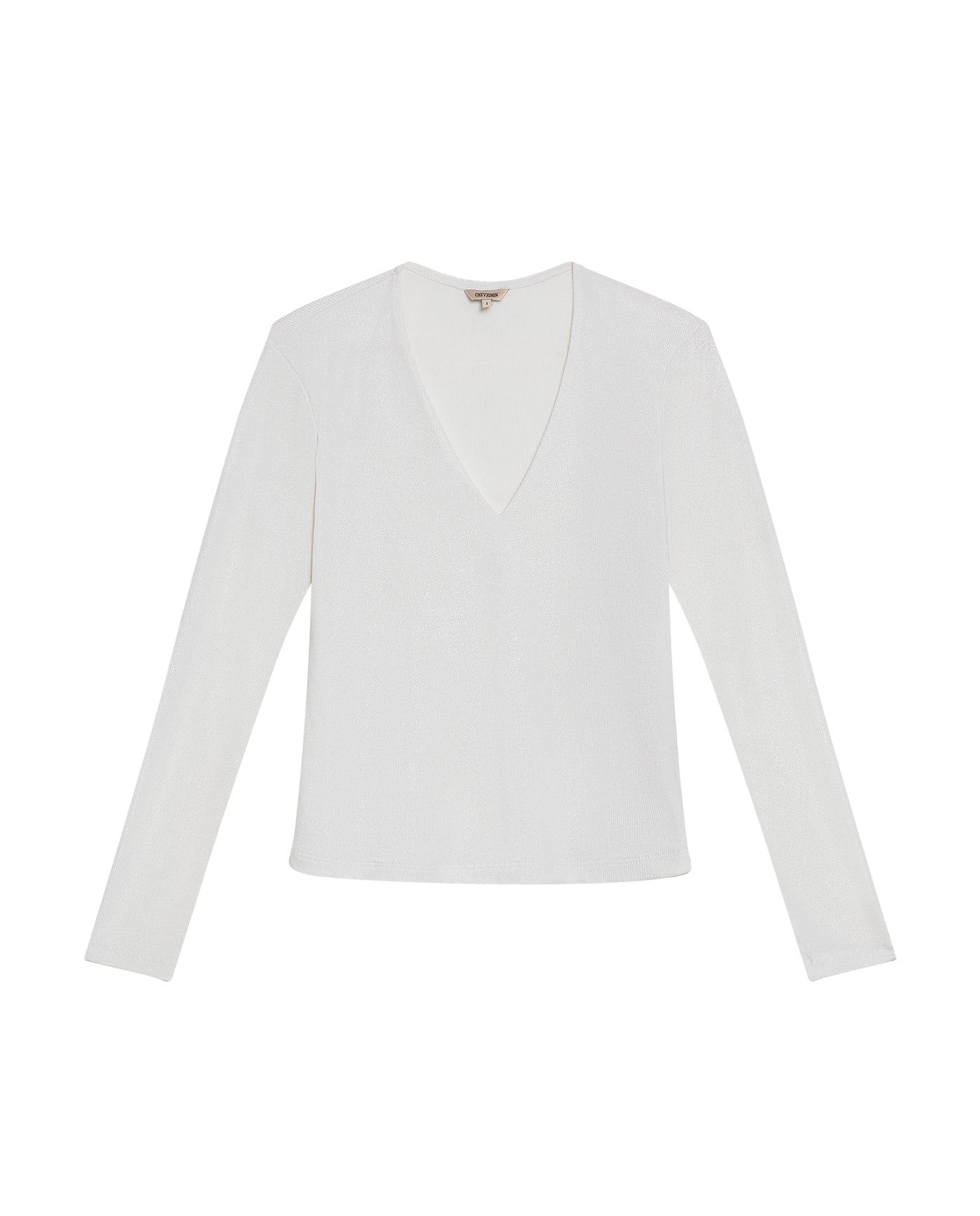 Womens T-Shirt Fitted V-Neck Long Sleeve Polyester Blend Silver Lurex - White 63_701H015_BLA110601_3
