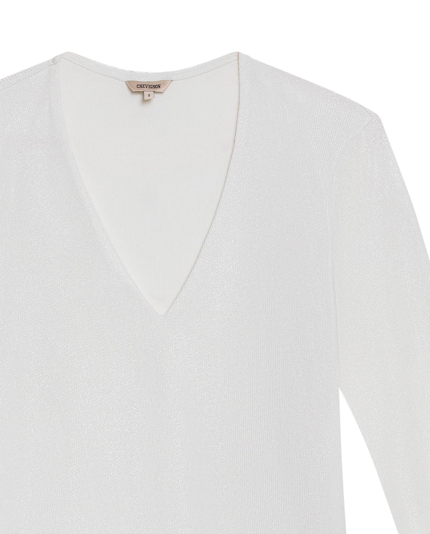 Womens T-Shirt Fitted V-Neck Long Sleeve Polyester Blend Silver Lurex - White 63_701H015_BLA110601_8