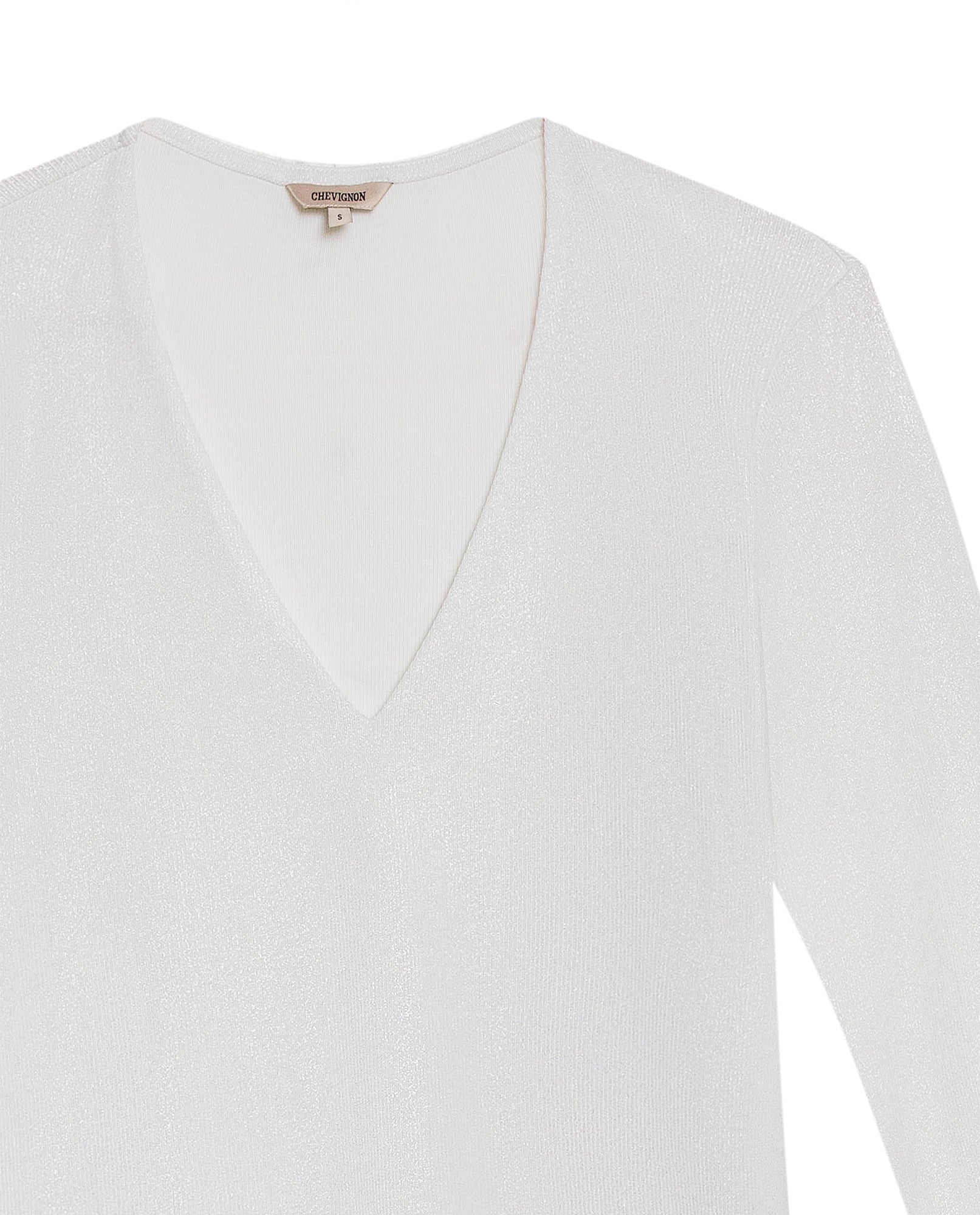 Womens T-Shirt Fitted V-Neck Long Sleeve Polyester Blend Silver Lurex - White 63_701H015_BLA110601_8