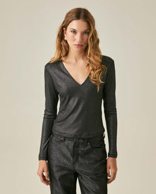 Womens T-Shirt Fitted V-Neck Long Sleeve Polyester Blend Silver Lurex - Black 63_701H015_NEG194004_0