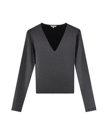 Womens T-Shirt Fitted V-Neck Long Sleeve Polyester Blend Silver Lurex - Black 63_701H015_NEG194004_3