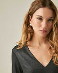 Womens T-Shirt Fitted V-Neck Long Sleeve Polyester Blend Silver Lurex - Black 63_701H015_NEG194004_5