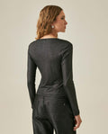 Womens T-Shirt Fitted V-Neck Long Sleeve Polyester Blend Silver Lurex - Black 63_701H015_NEG194004_6