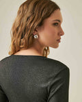 Womens T-Shirt Fitted V-Neck Long Sleeve Polyester Blend Silver Lurex - Black 63_701H015_NEG194004_7