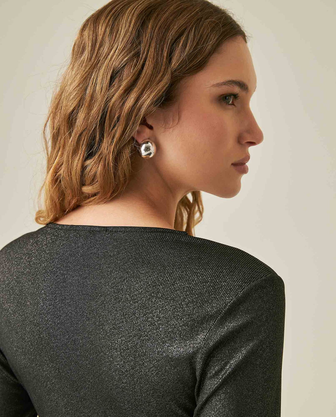 Womens T-Shirt Fitted V-Neck Long Sleeve Polyester Blend Silver Lurex - Black 63_701H015_NEG194004_7