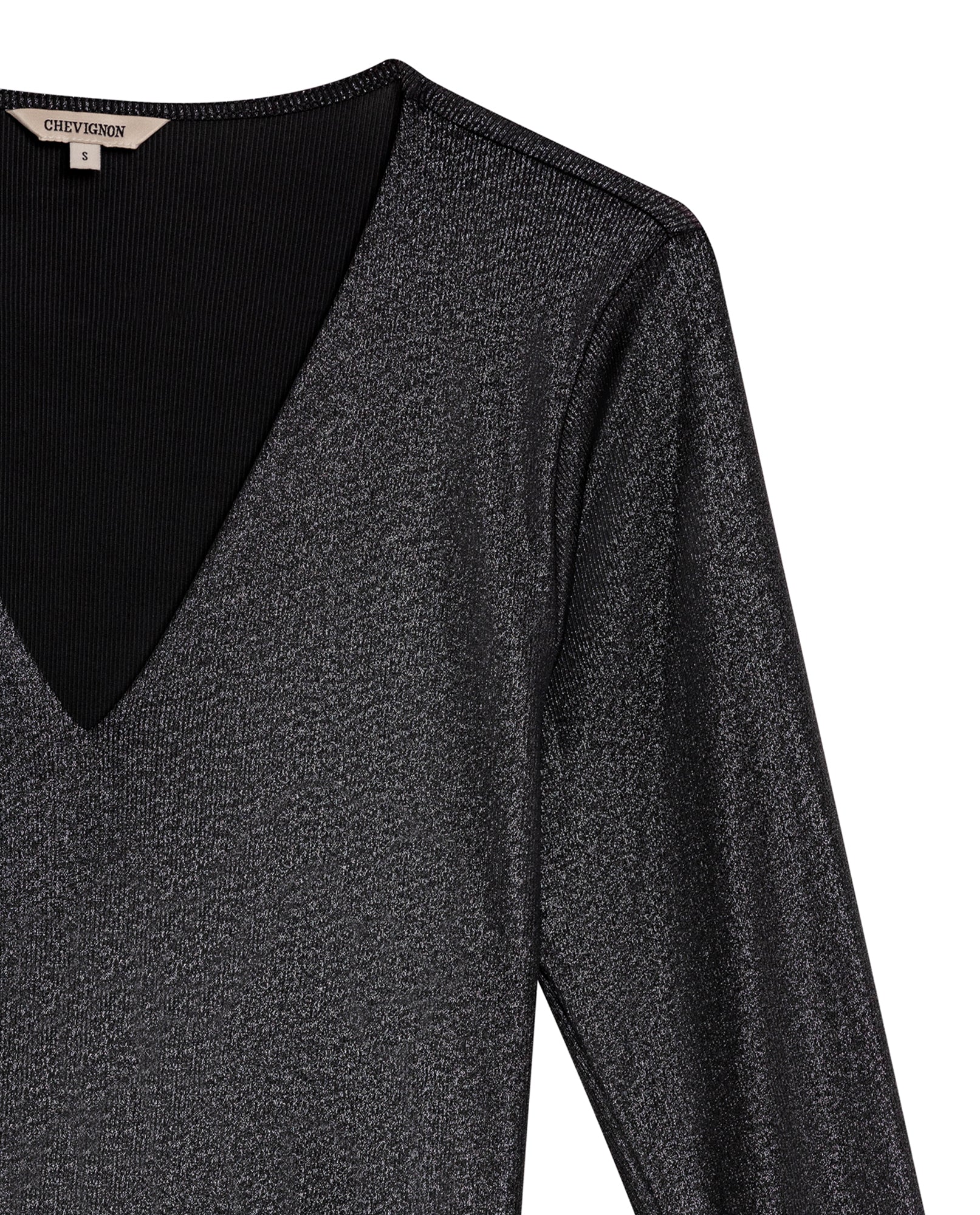 Womens T-Shirt Fitted V-Neck Long Sleeve Polyester Blend Silver Lurex - Black 63_701H015_NEG194004_8