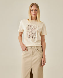 Womens T-Shirt Graphic Oversized Cotton Overlaid Knit Trim Embroidered - White 63_701H016_BLA120601_0