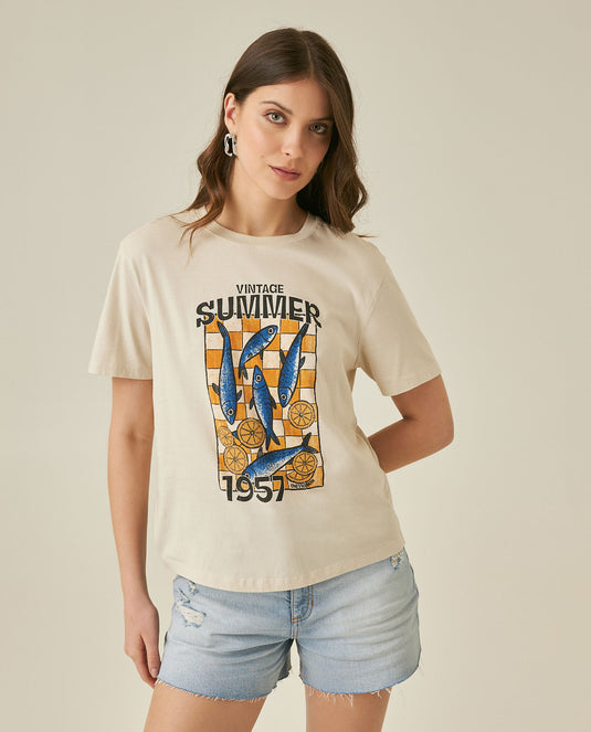 Womens T-Shirt Graphic Oversized Cotton Summer Caviar Print Tactile - Beige 63_701H022_BEI140002_0