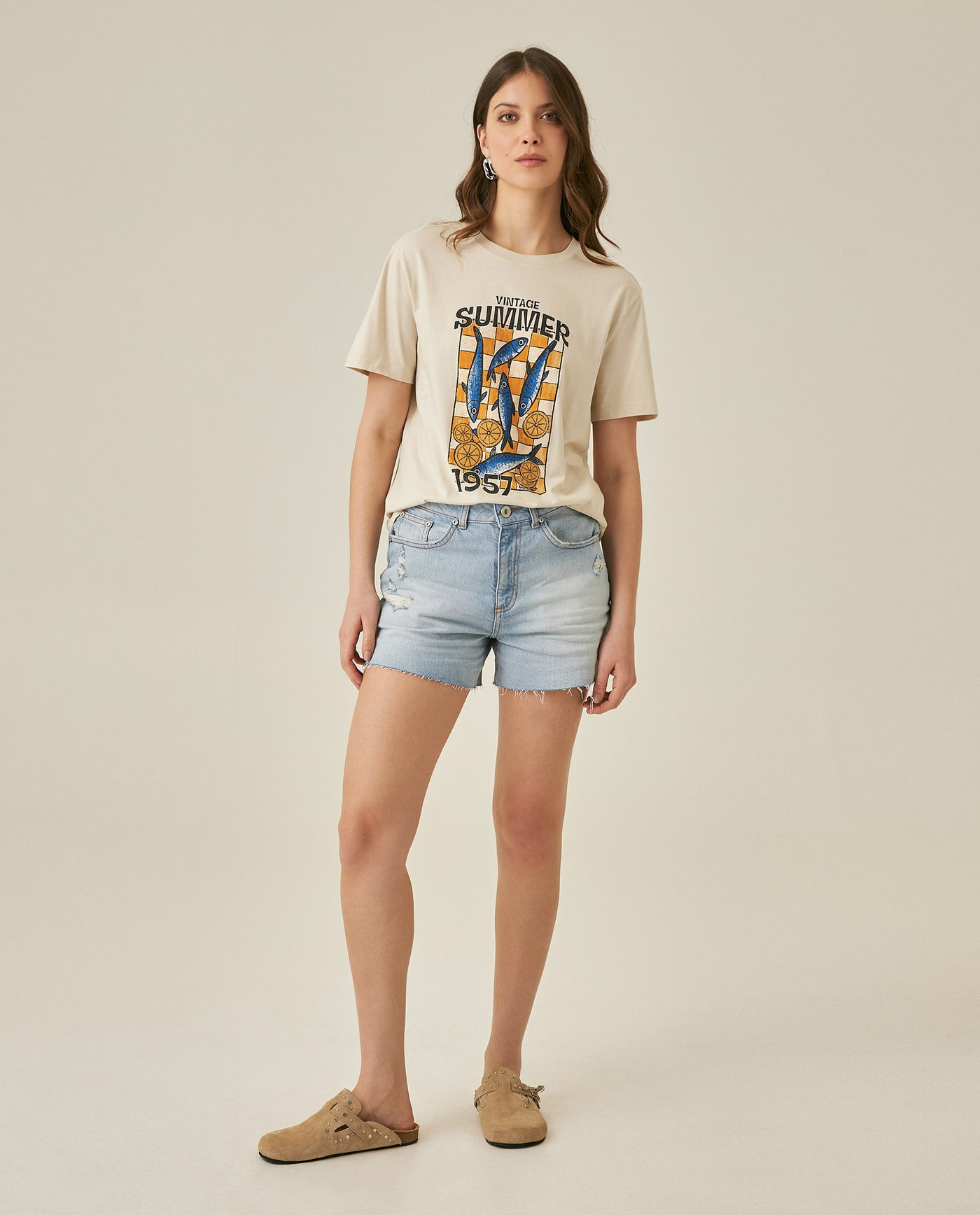 Womens T-Shirt Graphic Oversized Cotton Summer Caviar Print Tactile - Beige 63_701H022_BEI140002_4