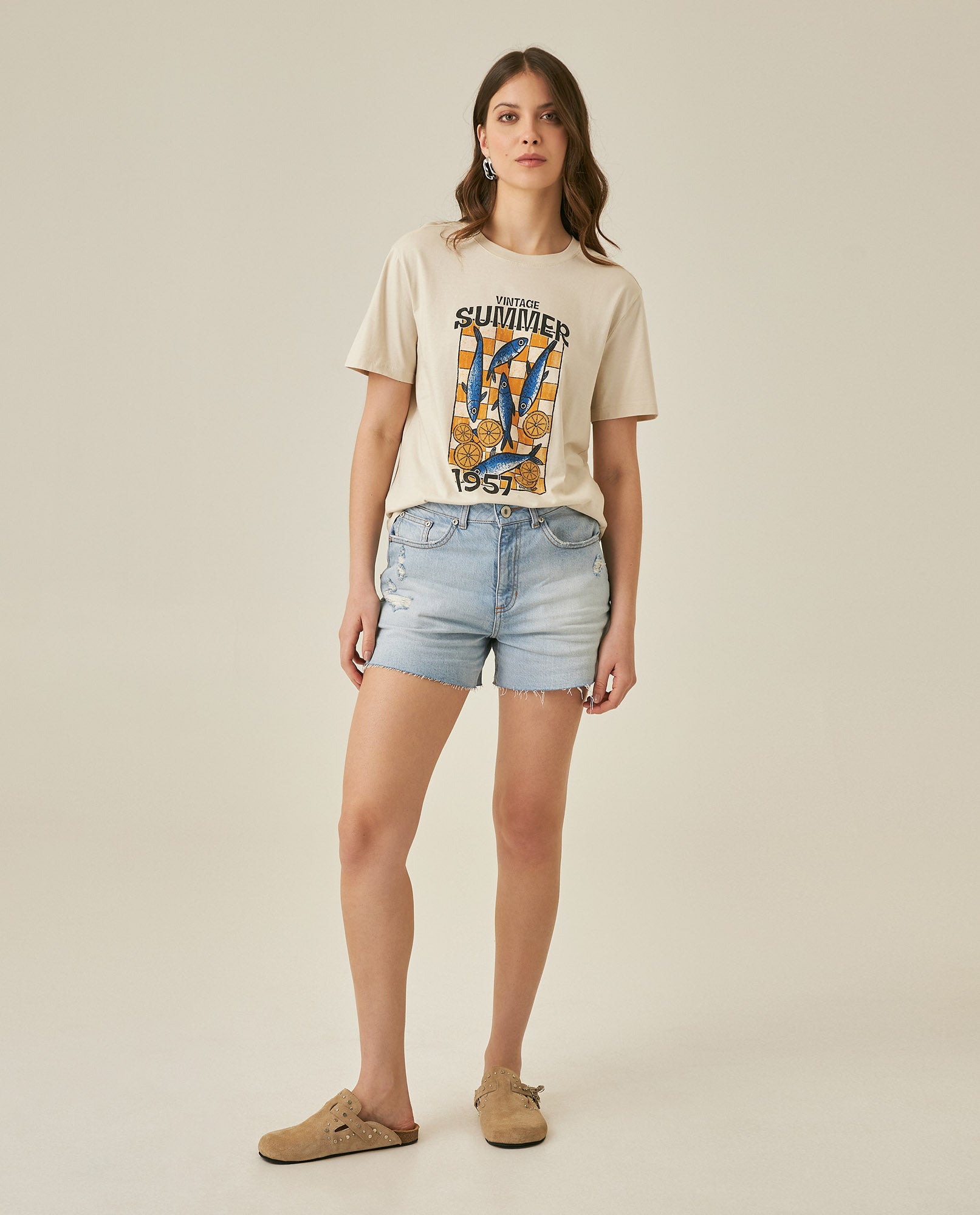 Womens T-Shirt Graphic Oversized Cotton Summer Caviar Print Tactile - Beige 63_701H022_BEI140002_4