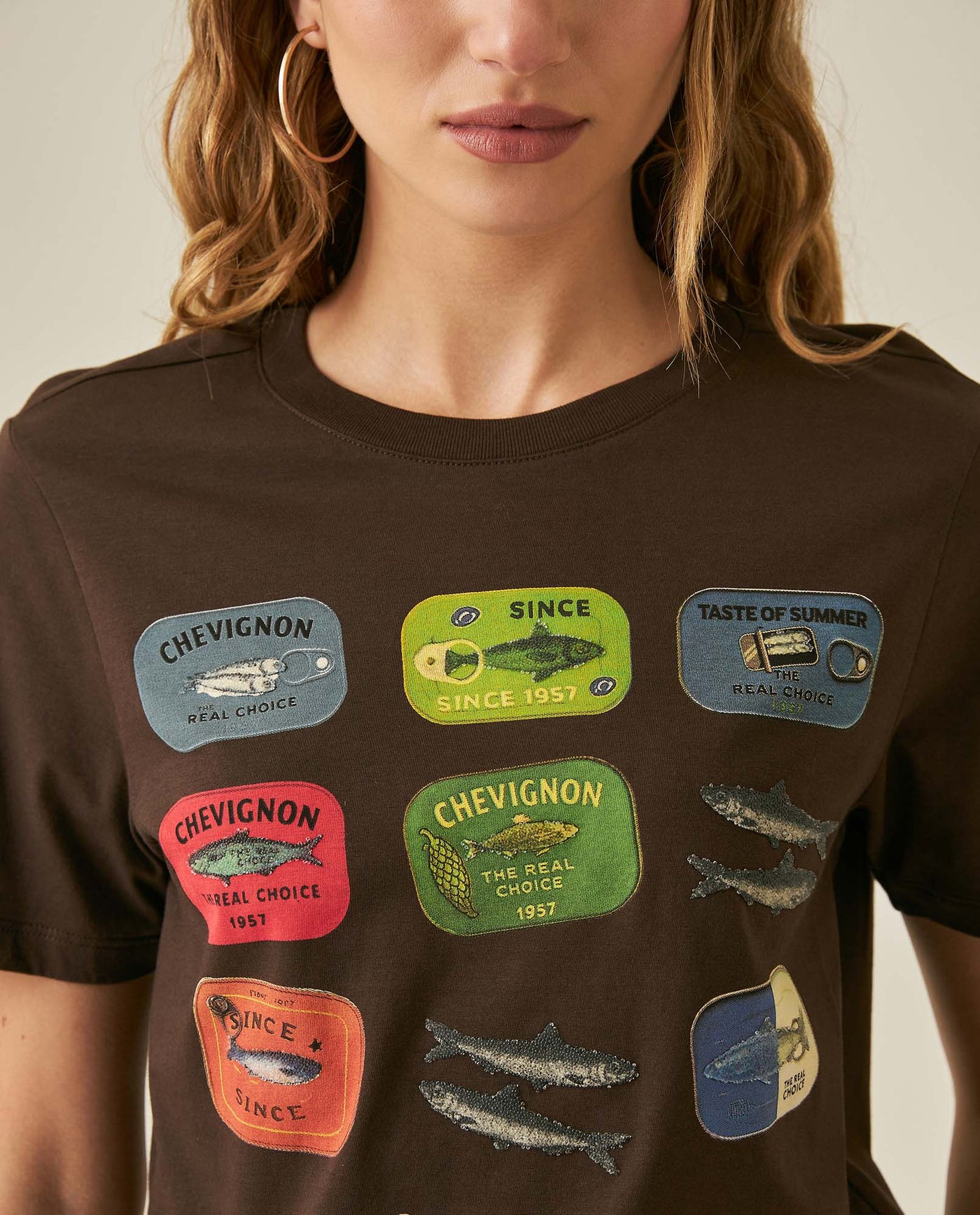 Womens T-Shirt Graphic Slim Fit Cotton Caviar Print Tactile - Brown 63_701H024_CAF191016_5