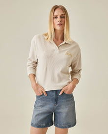 Womens T-Shirt Polo Style Shirt Collar Cotton Blend Waffle Texture - Beige 63_701H025_BEI140002_0