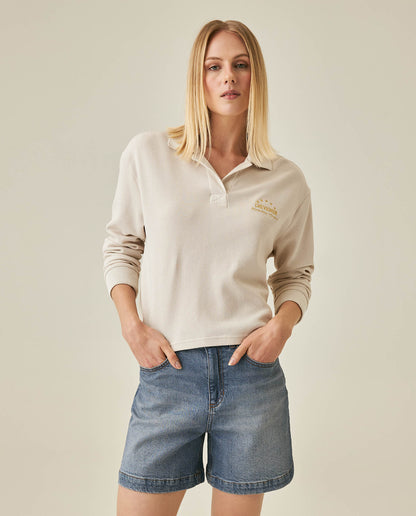 Womens T-Shirt Polo Style Shirt Collar Cotton Blend Waffle Texture - Beige 63_701H025_BEI140002_0