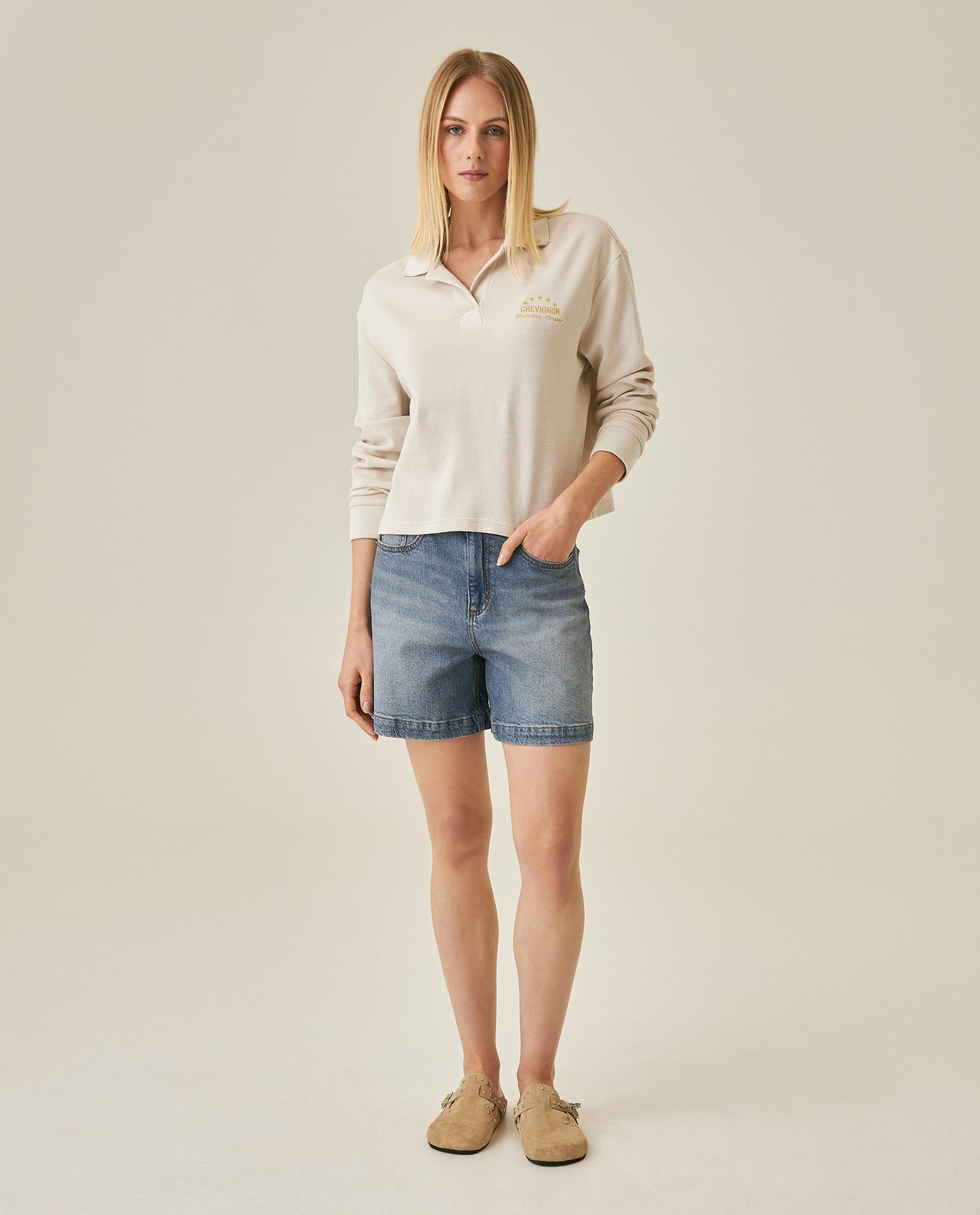 Womens T-Shirt Polo Style Shirt Collar Cotton Blend Waffle Texture - Beige 63_701H025_BEI140002_4